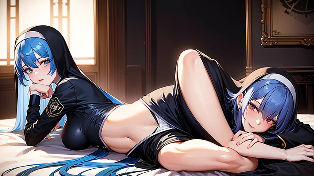 An adult woman half cat, wide breasts, black hair, black ears, black eyes with red pupils, very shy, very sexy, underwear, lying down