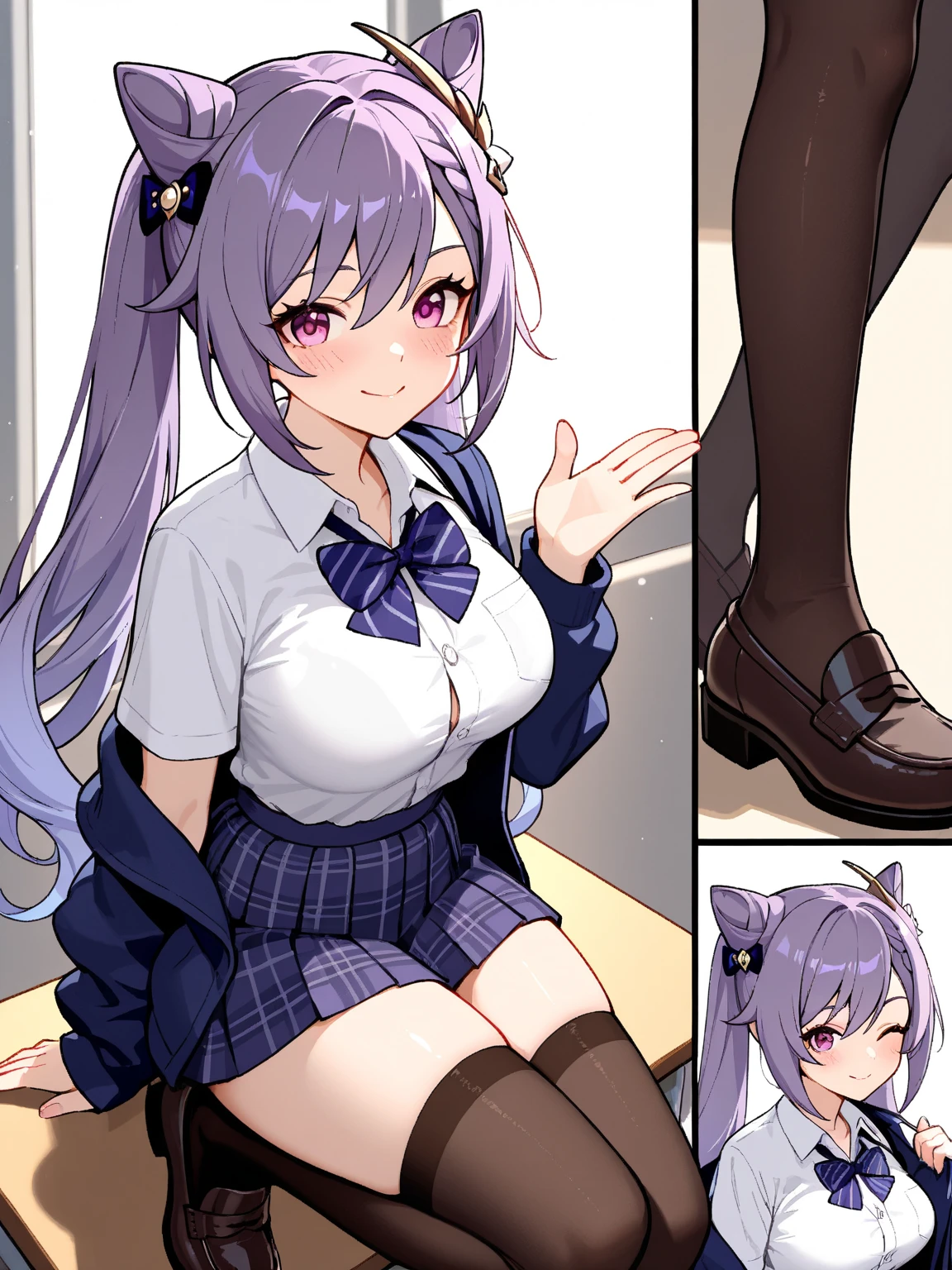 1girl, animal ears, pantyhose, feet, purple hair, solo, long hair, skirt, open mouth, breasts, sitting, animal ear fluff, looking at viewer, toes, large breasts, no shoes, shirt, purple eyes, ribbon, braid, tail, black pantyhose, black skirt, legs, belt, hair ribbon, white shirt, soles, blush, red belt, fox ears, long sleeves, virtual youtuber, indoors, fangs