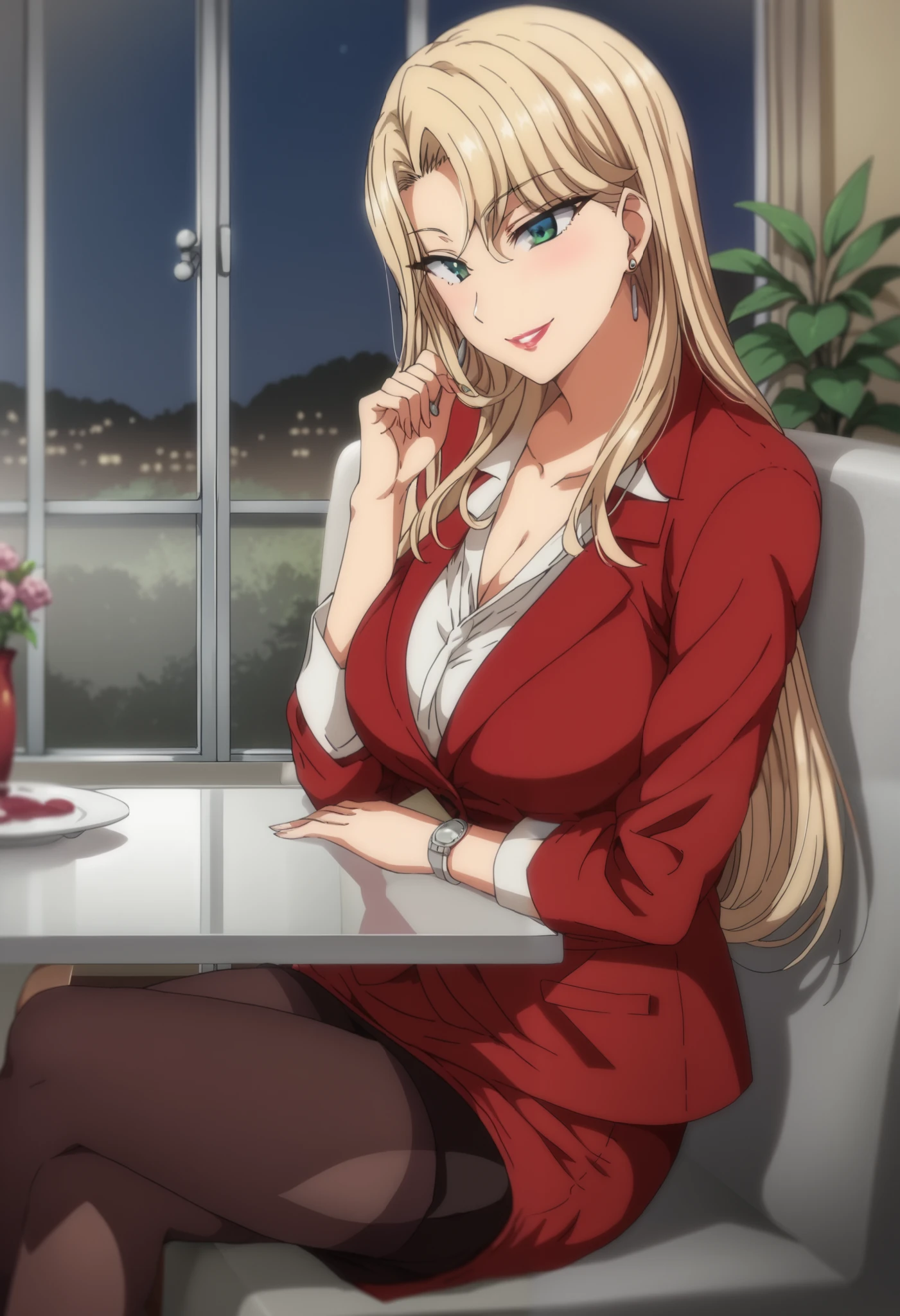 Uncensored_work, very_Midea, Highest_quality ,expensive_resolution, 8k,crisp quality, Super Detail,anime screen cap
,perfection_eye, erotic_style,
1 Female,Alone,takes a picture of the whole body,Straight ahead, cowboy shooting, watch viewers,Sit on the Couch,There is a glass desk,There is a large amount of money on the desk,outdoor,garden,night,has large windows,窓の外にnight景がみえる,smile,red suits,shirt,skirt, 
Kurashiki Reika, blonde_hair, lipstick, green_eye, huge_chest, length_hair,