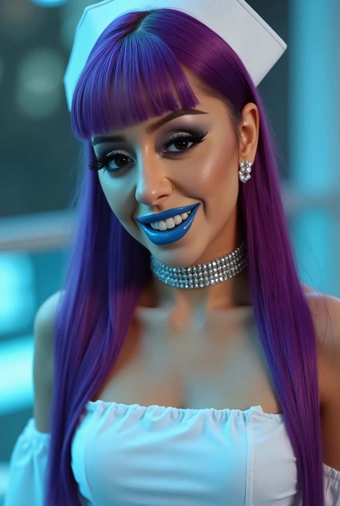 incredibly long and voluminous eyelash extensions, Bright black makeup makeup, diamond earrings , blue lips, Neat bangs, purple hair, She laughs, in a nurse's suit, silver choker on the neck