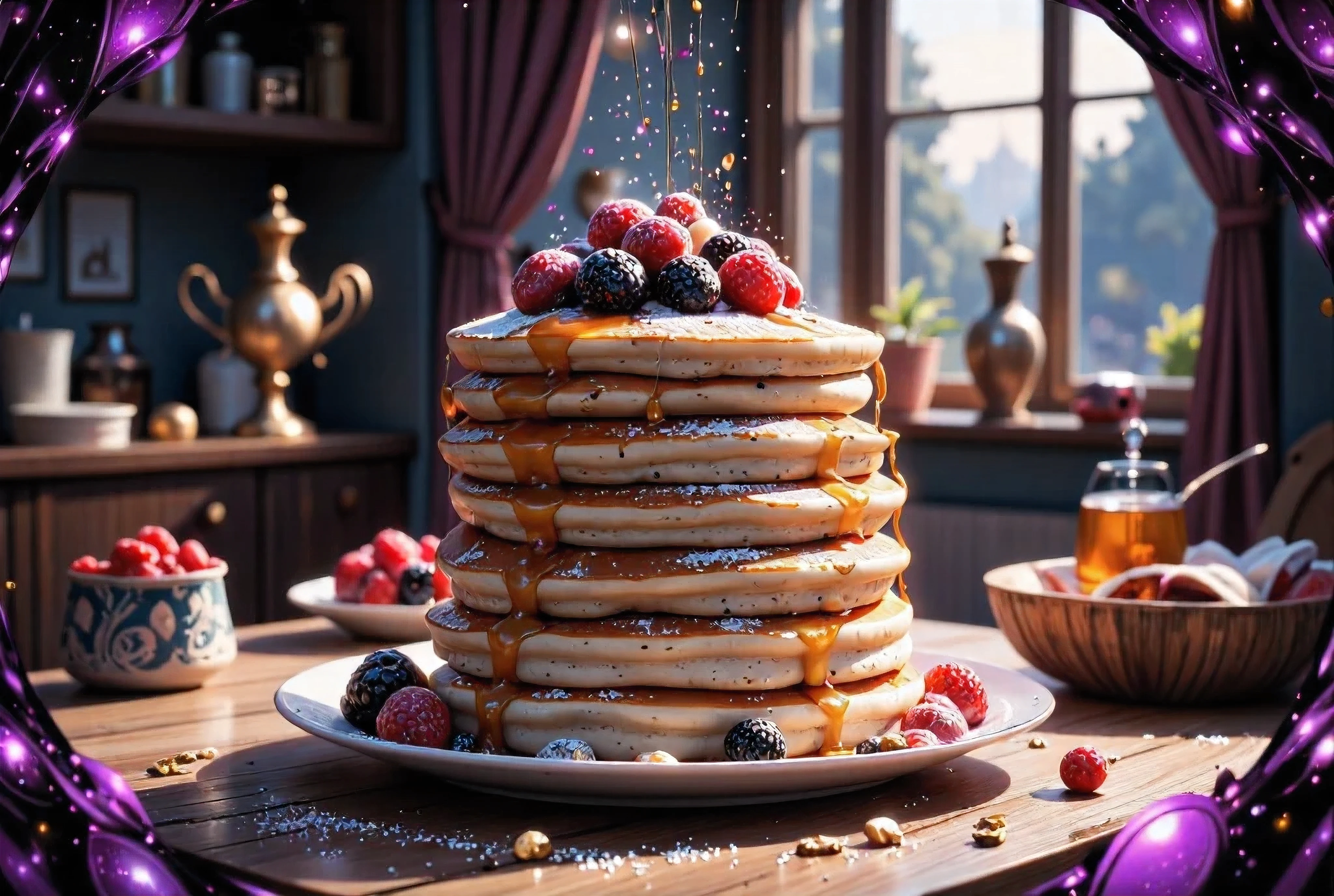 pancake day, detailed pancake stack, fluffy golden pancakes, maple syrup drizzle, fresh berries, powdered sugar dusting, wooden table surface, warm morning sunlight, cozy kitchen interior, artisanal culinary photography, 8K, ultra-detailed, realistic, HDR, studio lighting, professional, vibrant colors, shallow depth of field Folded paper artwork collage mixing glossy purple, gold, and silver foil textures, abstract fractal designs inspired by Commedia dell'arte and Venetian masks, echoing the styles of Philippe Vignal and Takato Yamamoto, juxtaposes allure with unease, neon glow illuminating the scene, intertwined with abstract black oil brushstrokes, mechanical gears with a mecha aesthetic, painted with meticulous. High Resolution, High Quality, Masterpiece
