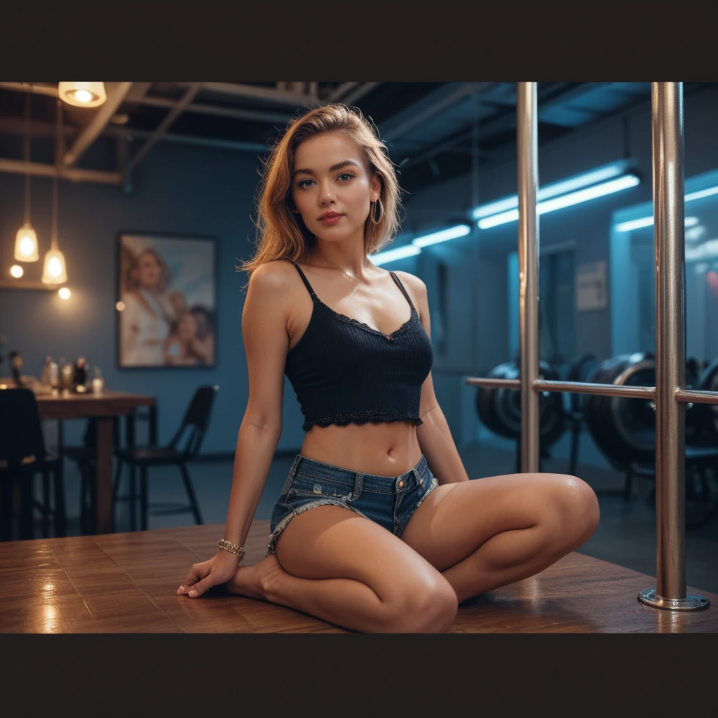 Top Quality, Masterpiece, High Resolution, 8k, (cute skinny barely legal girl ((((in oversized loose satin tank shirt with deep cleavage, deep neckline)))) and tight leggings, ((small perky breasts)), beautiful detailed eyes, beautiful detailed lips, small closed mouth, extremely detailed face, tanned skin, random long hair style, small hips, some tattoos), (((in cyberpunk apartment, random pose next to a couch))), moody atmosphere, dramatic and random neon colors, futuristic setting, intricate details, at night, backlit, full body shot, view from distance