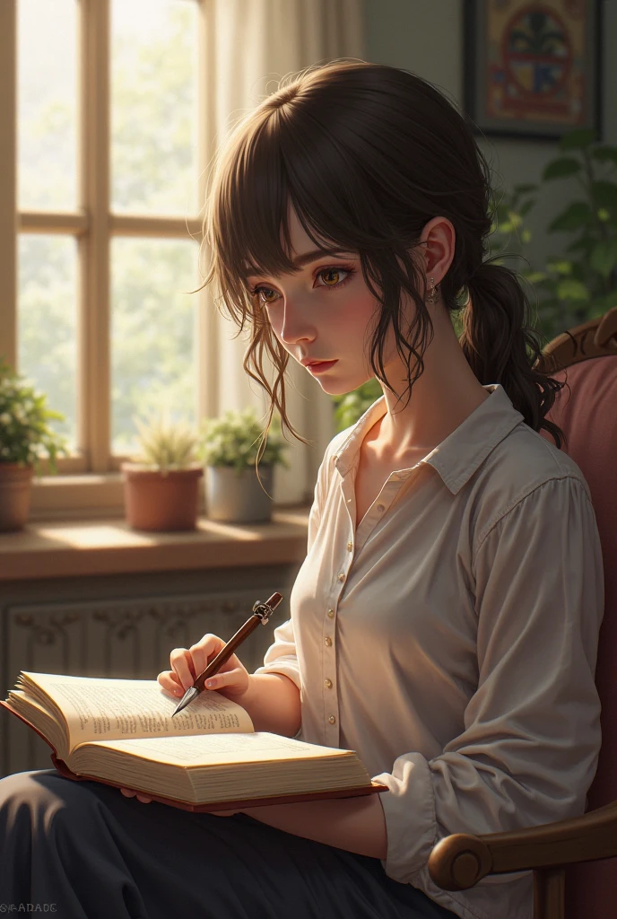 "1 girl sitting at a study table in front of a window, engrossed in writing and surrounded by books, capturing the beauty of nature through her artwork on a canvas " --auto