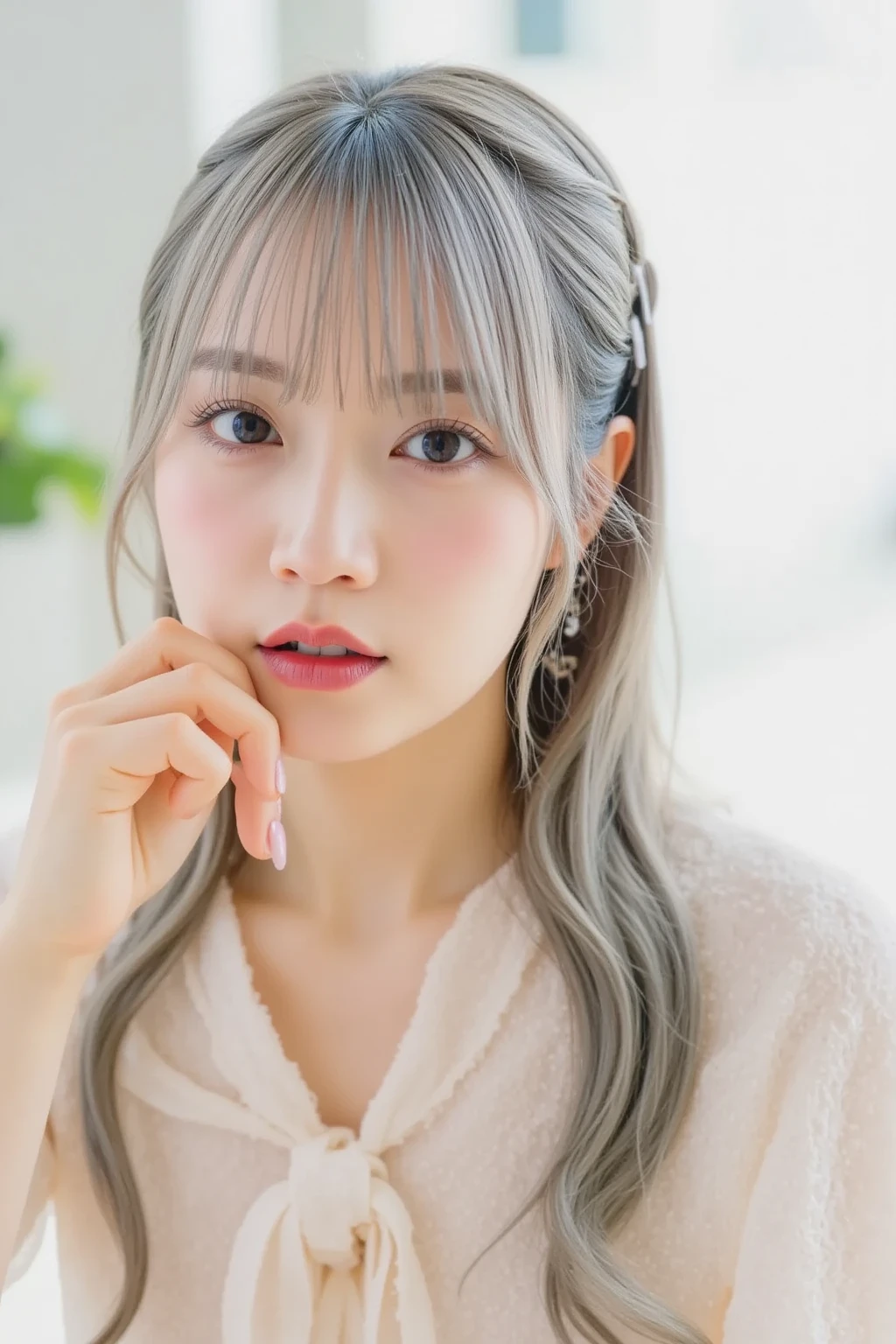 ((masterpiece, Highest quality, High resolution)), 1 Japanese girl, (Realistic: 1.4), excited、Great face,Glossy lips、30 years old, Silver Hair、Silver Hair、short hair, Silver Hair、(Beautiful Hair:1.5), mini skirt、Beautiful legs、Lie down on the bed、Staring、Angle from the front, Smooth, Highly detailed CG composite 8K wallpaper, High resolution RAW color photos, Professional photography, Light, BackLight, dream-like, impressive, Written boundary depth, (Face close-up:1.5)
Cute summer clothes that accentuate the chest
Full body photography
Big chest, Character portrait, Overlooking, Anatomically correct, Textured skin, accurate, chest, Big chest, Big chest,