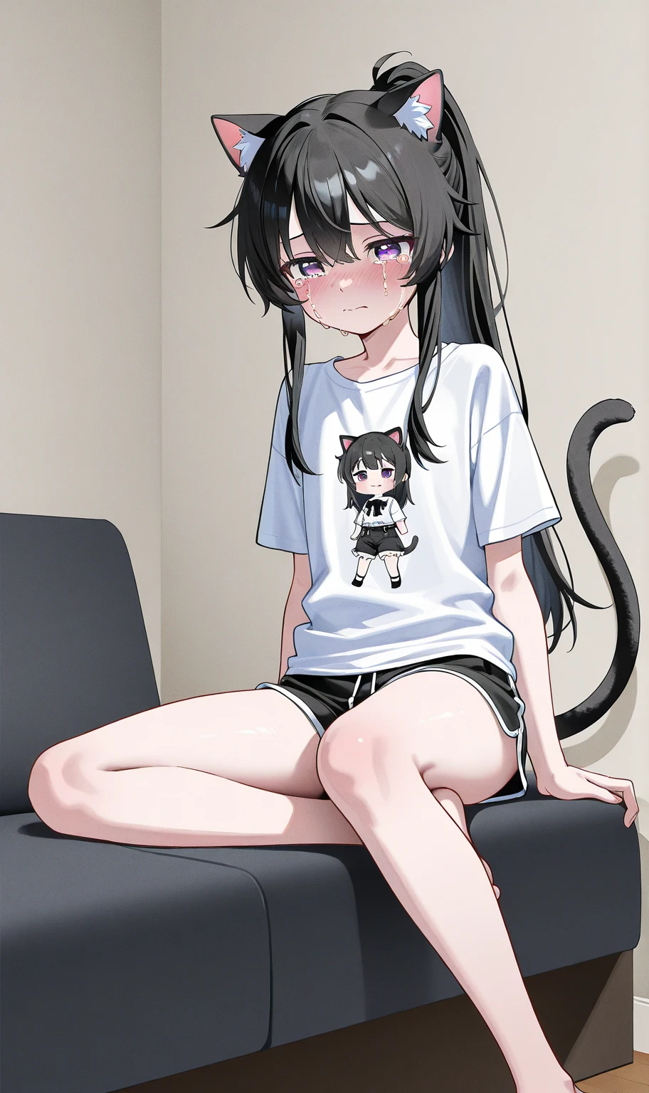 A_skunk_furry_girl_who_has_skunk_ears_and_skunks_black_and_white_tail_is_farting_in_cute_posture_in_a_cute_room_wearing_cute_outfits, show_her_ass_and_skunk_tail, she_wants_to_fart_so_she_is_blushing, she_has_girl_face, transfur, her skunk tail is located on her upper hip