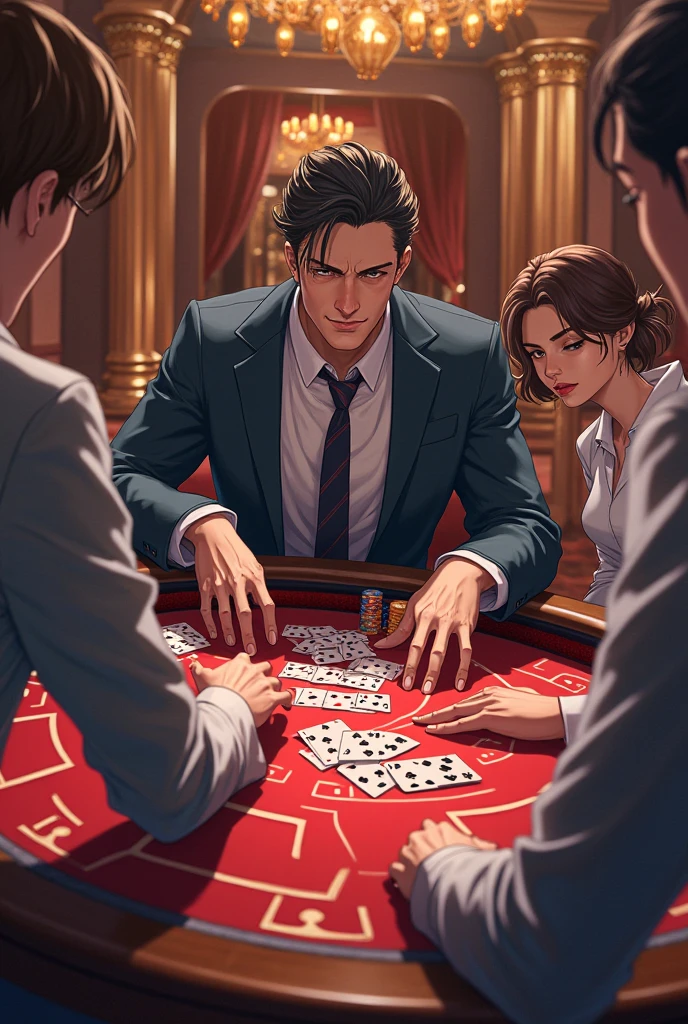 inside a casino, character wearing black suit, roulette on the side