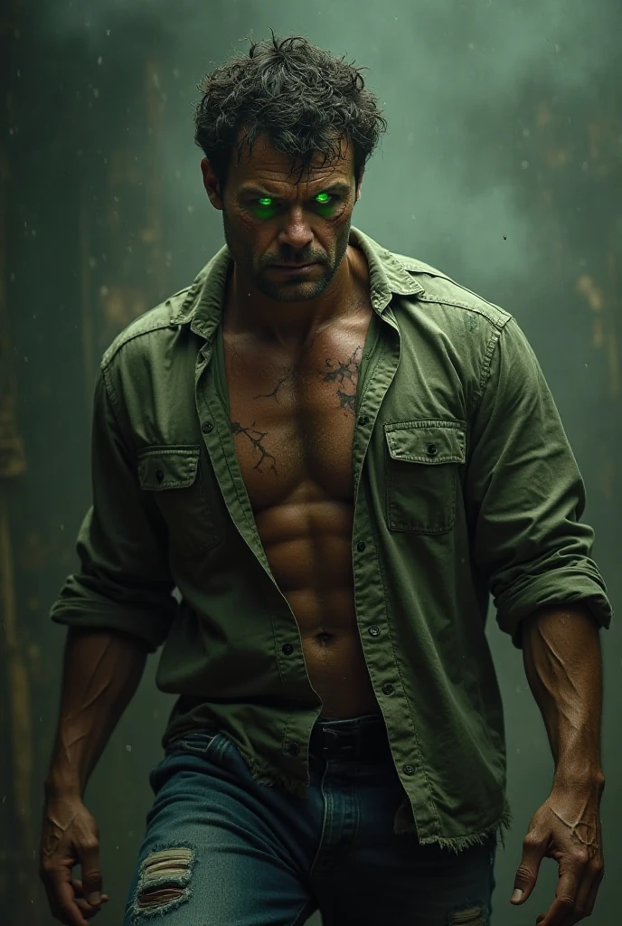 Sexy man, beautiful features, demonic eyes, wide smile, (muscle body) ((scars on his chest)), tattoos on his arms, sadomasoquist background, dominant aura, ethereal, black nails, ((green eyes)), realistic, (((solo))), 8k, hyperrealism, perfect body