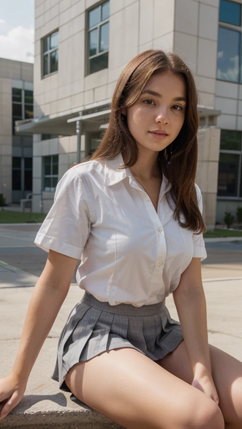 Photo from above of a pretty 18-year-old Caucasian woman with dark hair in a bob, in a concrete basement. She is wearing a tight white button-up shirt, and a dark-gray pleated skirt. She is kneeling on the floor, looking defiant. She is looking up and forward toward the camera. Both her arms are hidden behind her back. 