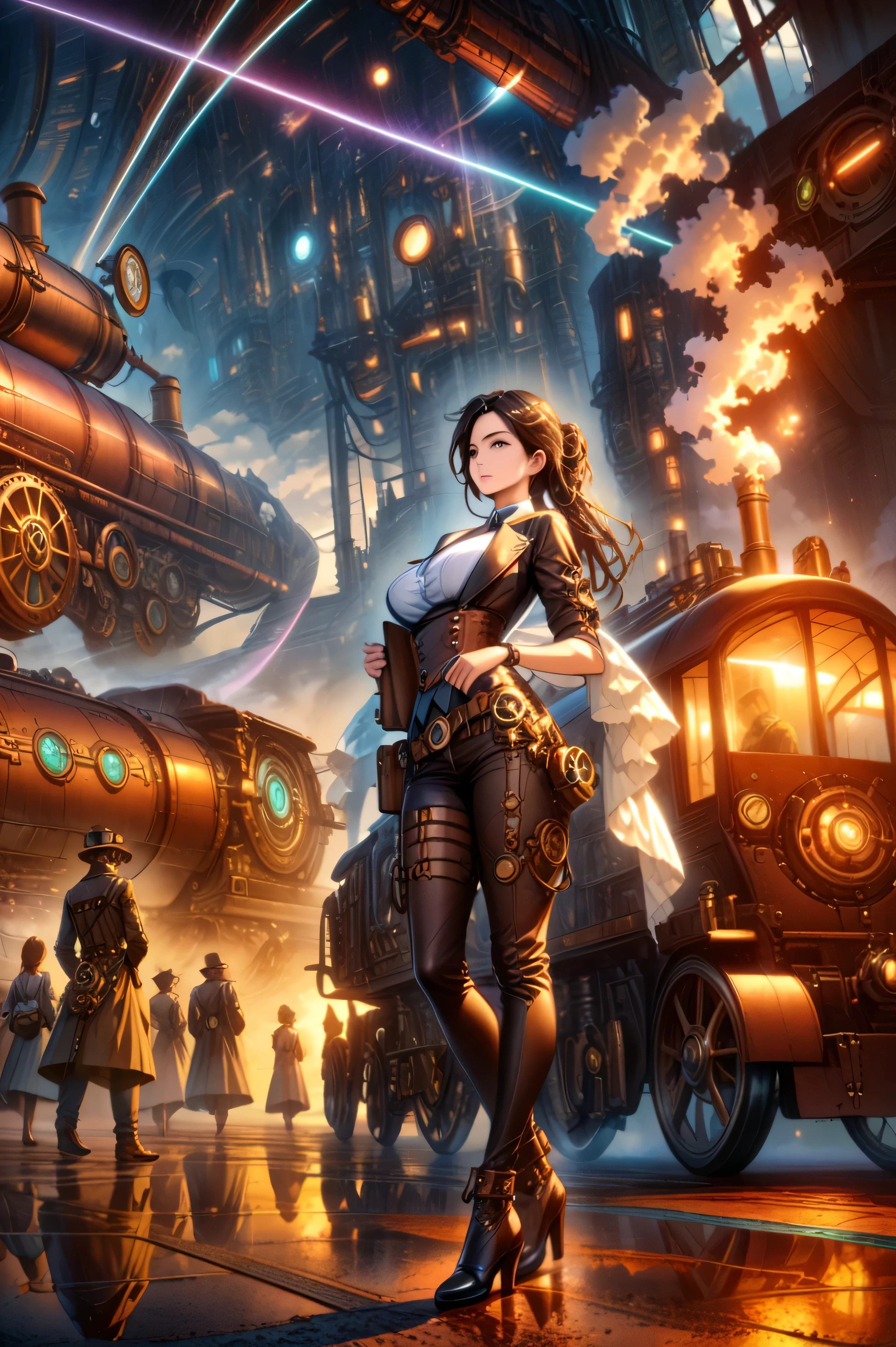 ((extremely detailed illustration)) , highres , ((extremely detailed and beautiful background)) , (professional illustrasion) , (official art) , ((Ultra-precise depiction)) , ((Ultra-detailed depiction)) , (beautiful and aesthetic) , beautiful detailed , intricate:1 . 1 , nice hands , ((steampunk:1 . 3)) , Galactic railway terminal at dawn . A sleek space locomotive , resembling a steam engine , rests at the station before embarking on a cosmic journey, beautiful women, fan service, full body, busty, curvy, sky world, smoke,