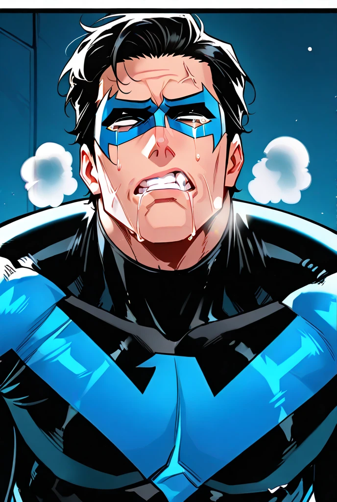 A young boy with devil-like wings,Mouth wide open with expression of pain,Sweating and drooling profusely,Semen dripping from his huge erect penis,A strong, well-trained body like a bodybuilder,A large amount of ,Orgy,self-sucking,Masturbation,Hero Suit,Crying face,