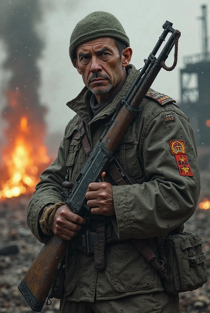 Soldado masculino, Soviet style military uniform in light brown color., Botas militares, Sombreros militares, Harnesses and belts with ammunition, lleva rifle de asalto, he is in the australian desert, cielo rojo, Fuego y mucho humo, Nuclear explosion in the background, 4k, Ultra detallado image, realista, Altamente detallado, perfect composition, splendid, Intrincadamente detallado, Incredibly detailed, 8 k artistic photography, hiper detallado, Obra maestra, Ultra detallado , hyper realista, 4k, Ultra detallado image, realista, Altamente detallado, perfect composition , splendid, Intrincadamente detallado, Incredibly detailed, 8K fine art photography, hiper detallado, Obra maestra