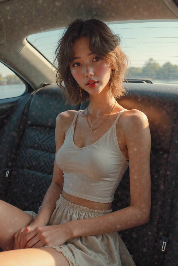 RAW photo, dynamic angle, highly detailed, soft light, 1girl, ((sweaty):1.1), (pale skin, white skin, korean, 23 years old,) innocent, (sexy), mad, short black hair, brown eyes, freckles, short tank top, short pants, wide thighs, improper sitting, crotch visible, on train at night, 8k, masterpiece