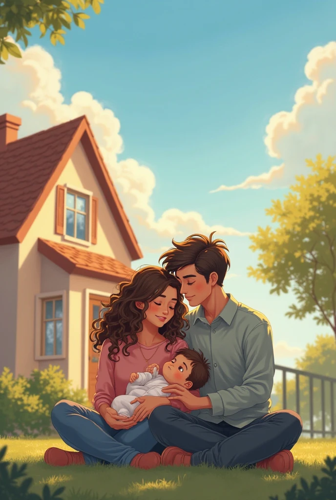 I want you to draw a family .. The dark-skinned, brown-haired Indian mother wearing glasses in a blue dress stands alone. The father has curly black hair, white skin, and is holding the baby girl in the middle of the two. The baby girl looks like her father with her curly hair and a smile. In the background is Italy. Try to draw this in anime style. THE FATHER DOES NOT WEAR GLASSES, DO NOT PUT GLASSES ON HIM. ONLY PUT GLASSES ON THE MOTHER.
