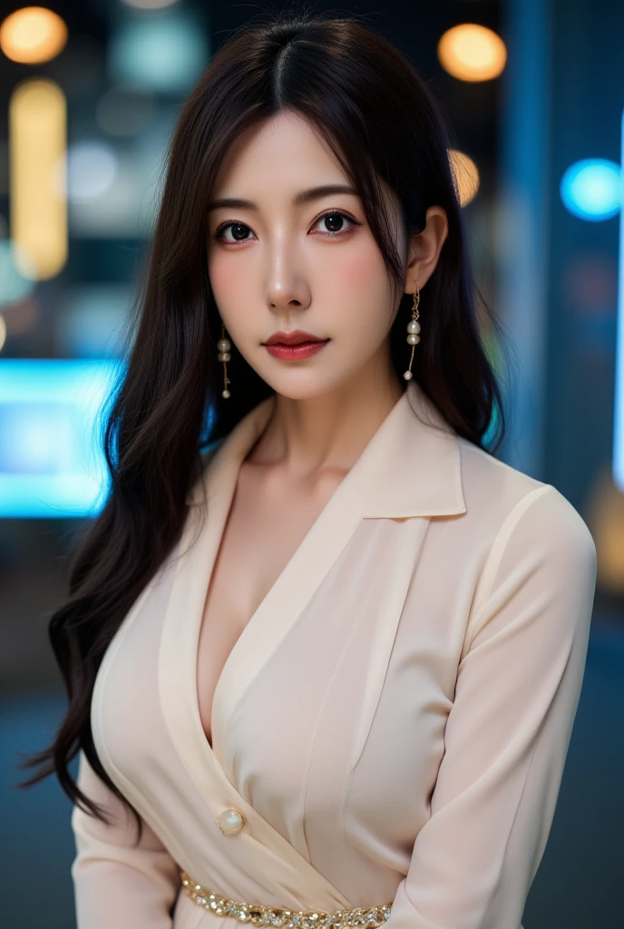 tmasterpiece，Highest image quality，super detailing，(1 Sister), The beautiful, amazing face and eyes, Cosmetics for a delicate and beautiful face), (The best look), (Beautiful big breasts:1.1), (Best quality at best:1.4), (ultra - detailed), (Extremely detailed CG-8k wallpaper), Very meticulous, RAW photogr, professional photoshooting, ((buisness suit)), (tightly dress), (Open business shirt), Outdoor sports, (down town, nightcity, lamplight), (nigh sky), depth of fields,