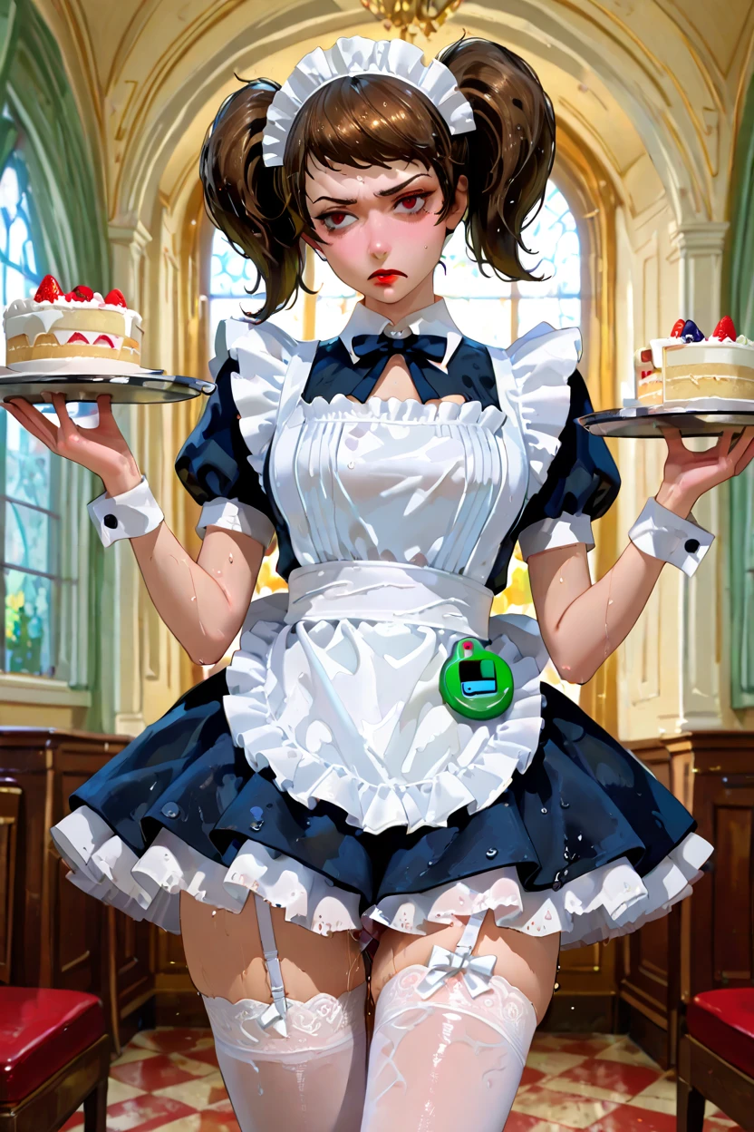 kawakami sadayo,  brown hair , short hair ,Hairstyle 2 pigtails , red lipstick,  dressed as maid, white stockings to the thigh,  garter in each stocking ,, blushed, looking at the spectator, in a mansion,  wet ,  annoyed, , lots of hip.realistic style. There are 2 trays, a tray in each hand, in one tray there is a "Gameboy ", in the other tray there is a slice of cake. from the waist to the head.  Selfie desde arriba 