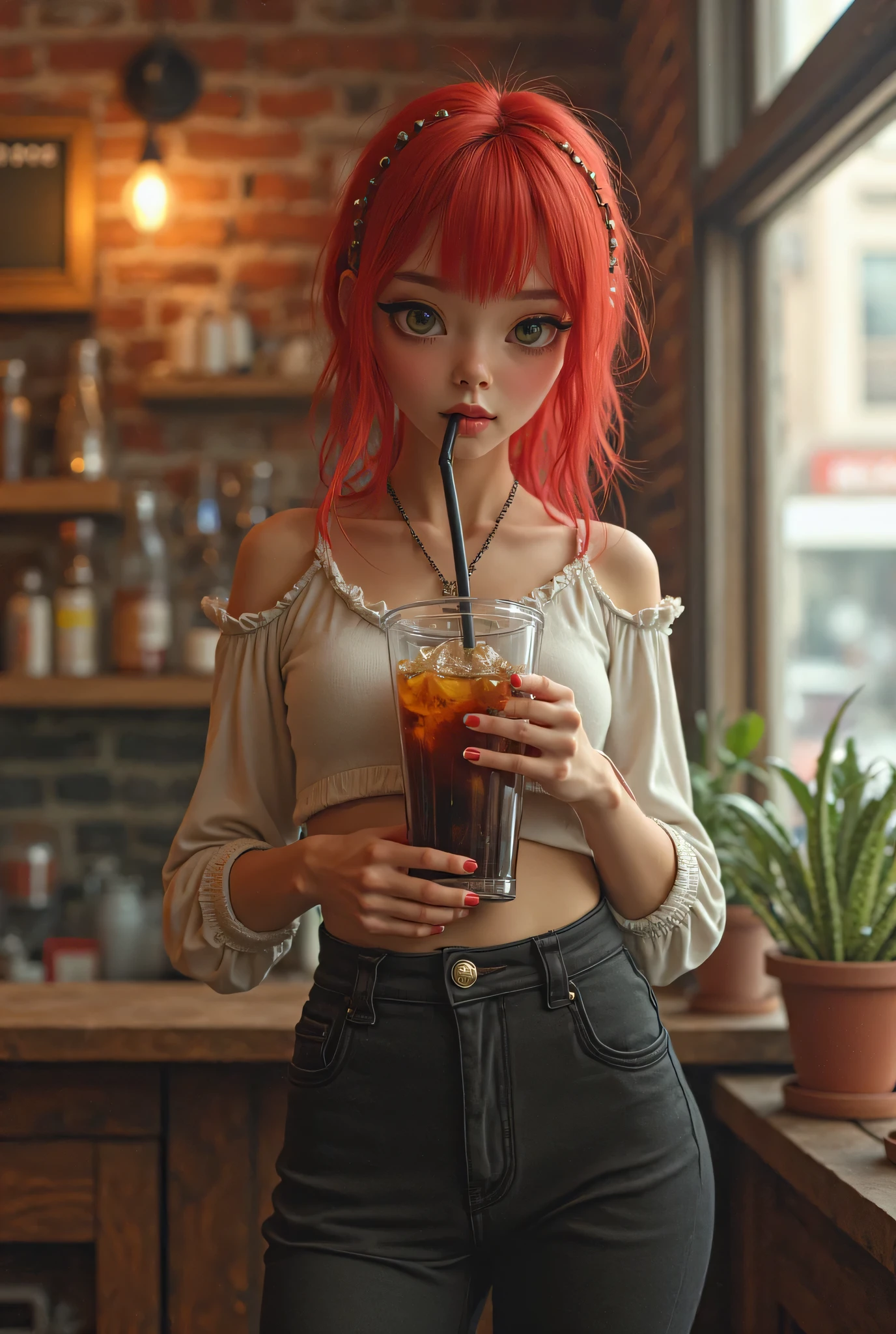 (very sharp result, full body desaturated 3d image) (((outfit body shading & texture))), (((Best Quality))), (((masterpiece))), (((hyper realistic photo))) a close up profile shoot of a cool japanese girl, red hair wear stylish top, mini skirt y2k rugged jeans, light blue sunglasses, model posing, hold a green cup of coffee, (dramatic blue-red lighting bias mood) stylish vibrant colorful yellow wall as background, UHD 4K