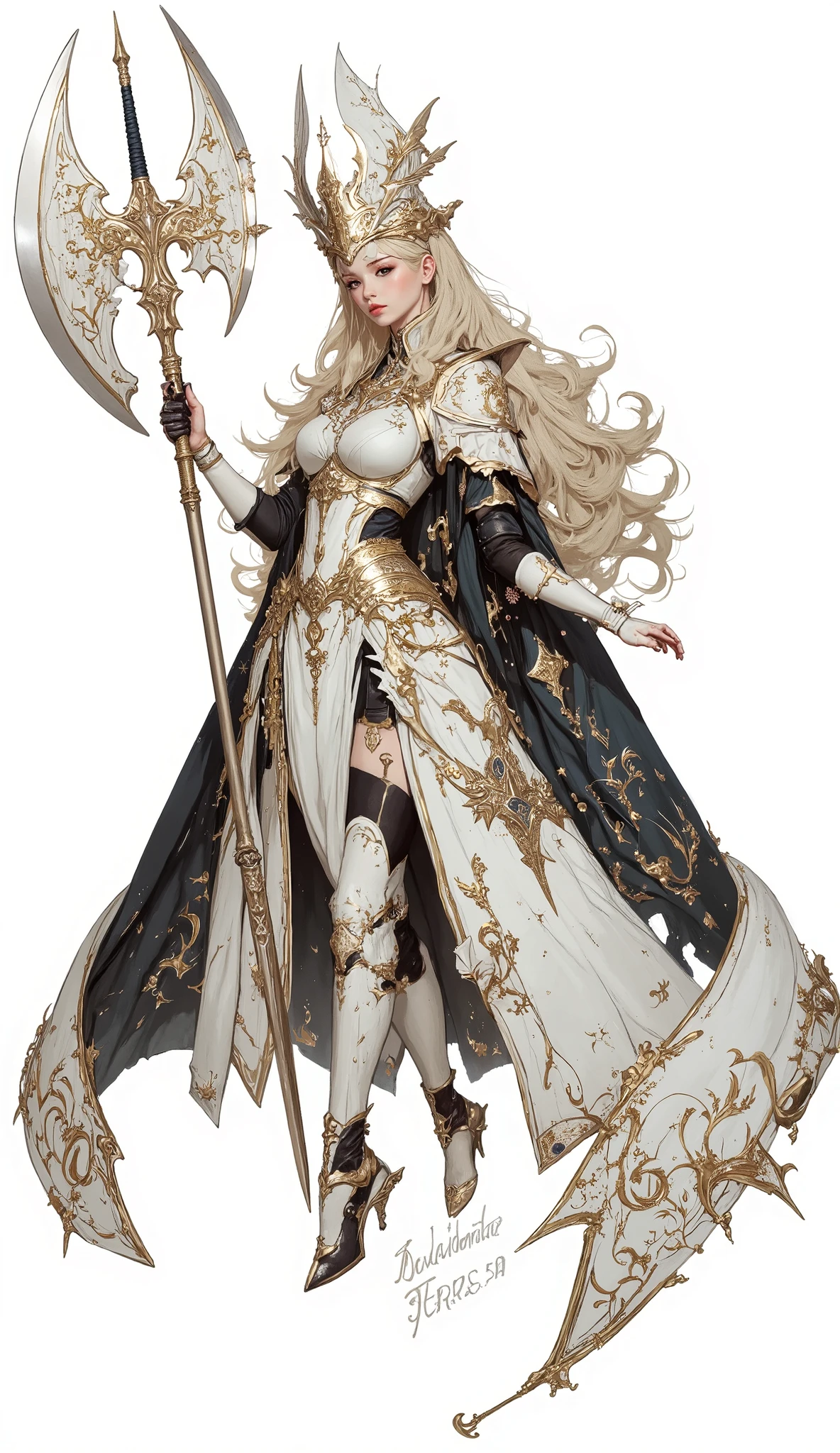(Masterpiece:1.5),(Top Quality:1.3),(Amazing Quality:1.3), (Anime Character:1.3), ((nsfw)), Solo, Full Length, Chiara, 1 Girl, ((Sexy cute woman:1.5)), White Skin, Silver Gauntlets, Silver Boots, Western sexy Armor, Shining Clothes, gleaming decorations, ((with gigantic Axe type weapon:1.6)), ((sword dance:1.5)), (Wielding a weapon:1.5),pulsatile, The best of the Middle Ages, Female warrior, ready to fight, glamorous, blond hair, gothic dress, muscular body, sophisticated and glittering medieval armor, beautiful, very precise and delicate animation, vivid colors, unreal world, fantasy delusion, ((full body view)), (((not background, White background))),
