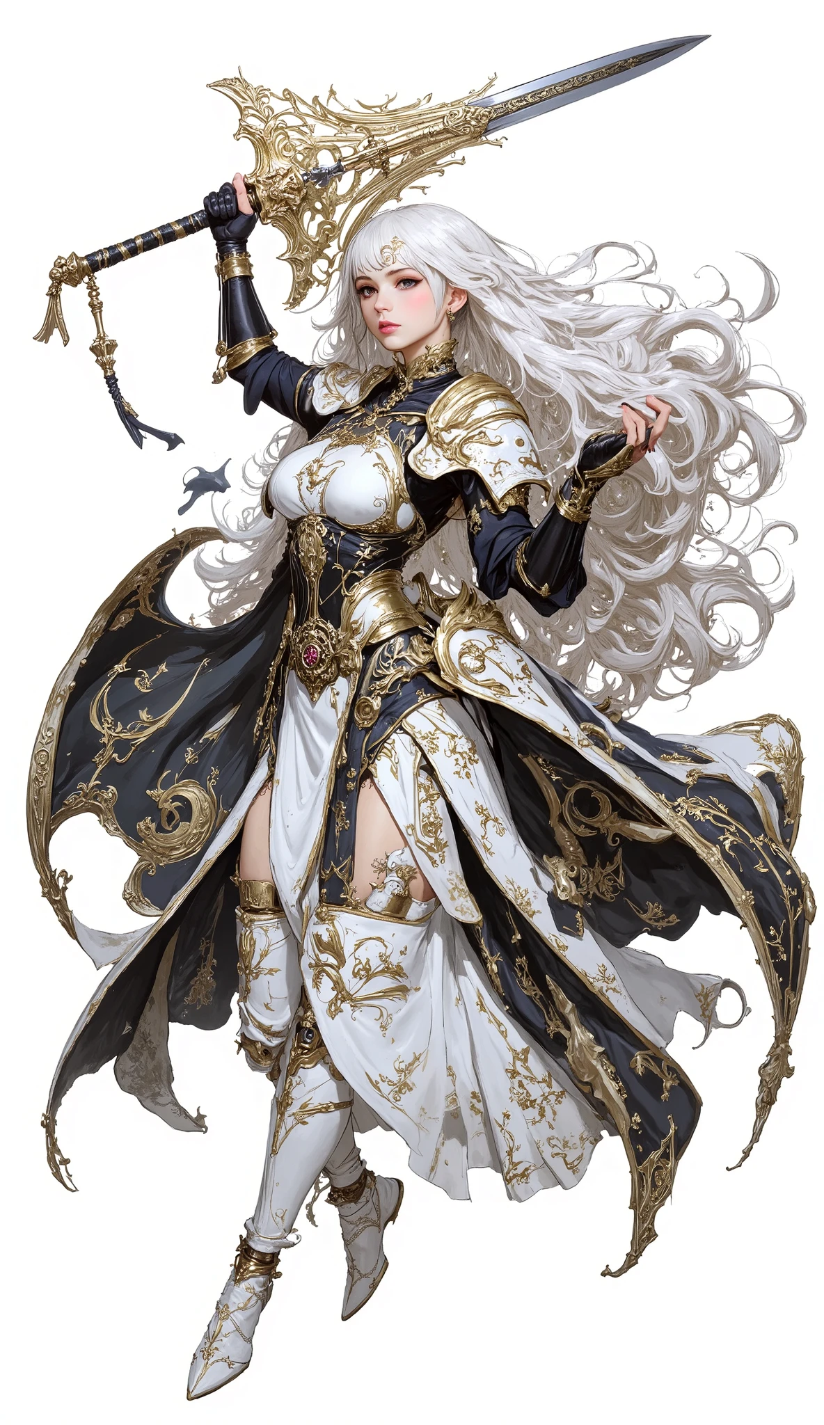 (Masterpiece:1.5),(Top Quality:1.3),(Amazing Quality:1.3), (Anime Character:1.3), ((nsfw)), Solo, Full Length, Chiara, 1 Girl, ((Sexy cute woman:1.5)), White Skin, Silver Gauntlets, Silver Boots, Western sexy Armor, Shining Clothes, gleaming decorations, ((with gigantic Axe type weapon:1.6)), ((sword dance:1.5)), (Wielding a weapon:1.5),pulsatile, The best of the Middle Ages, Female warrior, ready to fight, glamorous, blond hair, gothic dress, muscular body, sophisticated and glittering medieval armor, beautiful, very precise and delicate animation, vivid colors, unreal world, fantasy delusion, ((full body view)), (((not background, White background))),