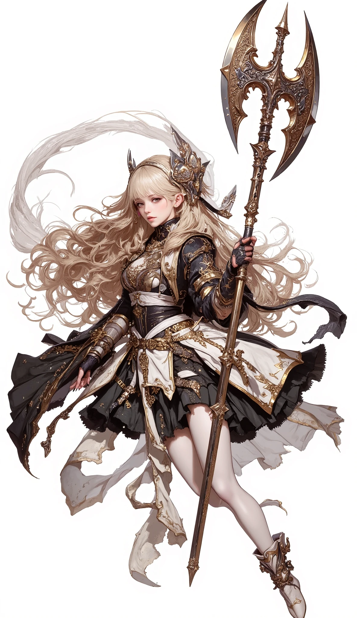 (Masterpiece:1.5),(Top Quality:1.3),(Amazing Quality:1.3), (Anime Character:1.3), ((nsfw)), Solo, Full Length, Chiara, 1 Girl, ((Sexy cute woman:1.5)), White Skin, Silver Gauntlets, Silver Boots, Western sexy Armor, Shining Clothes, gleaming decorations, ((with gigantic Axe type weapon:1.6)), ((sword dance:1.5)), (Wielding a weapon:1.5),pulsatile, The best of the Middle Ages, Female warrior, ready to fight, glamorous, blond hair, gothic dress, muscular body, sophisticated and glittering medieval armor, beautiful, very precise and delicate animation, vivid colors, unreal world, fantasy delusion, ((full body view)), (((not background, White background))),