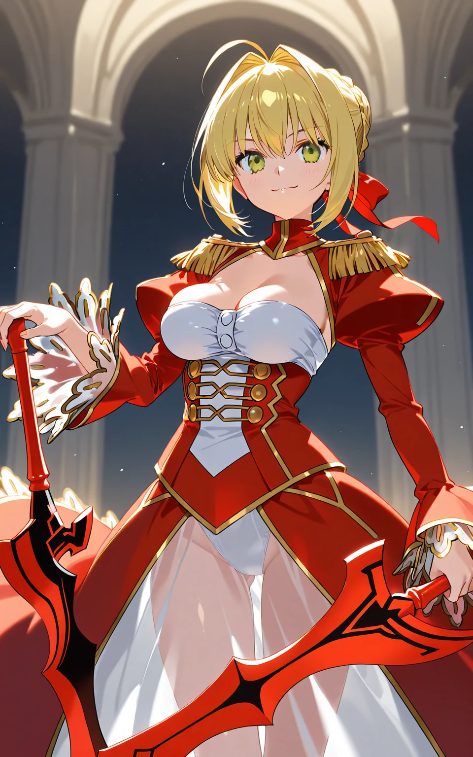 nero claudius, fate, peitos enormes, coxa grande, (pele brilahnte suado: 1.4 ), absurdo, roupa de academia, olho para o espectador, qualidade superior, altamente detalhado, pose sexy, muito detalhado, milf, olhos brilhantes, obra prima, dynamic lighting, fundo coliseu, alta resolução, foco nitido, profundidade de campo, 1 garota, peitos enormes,