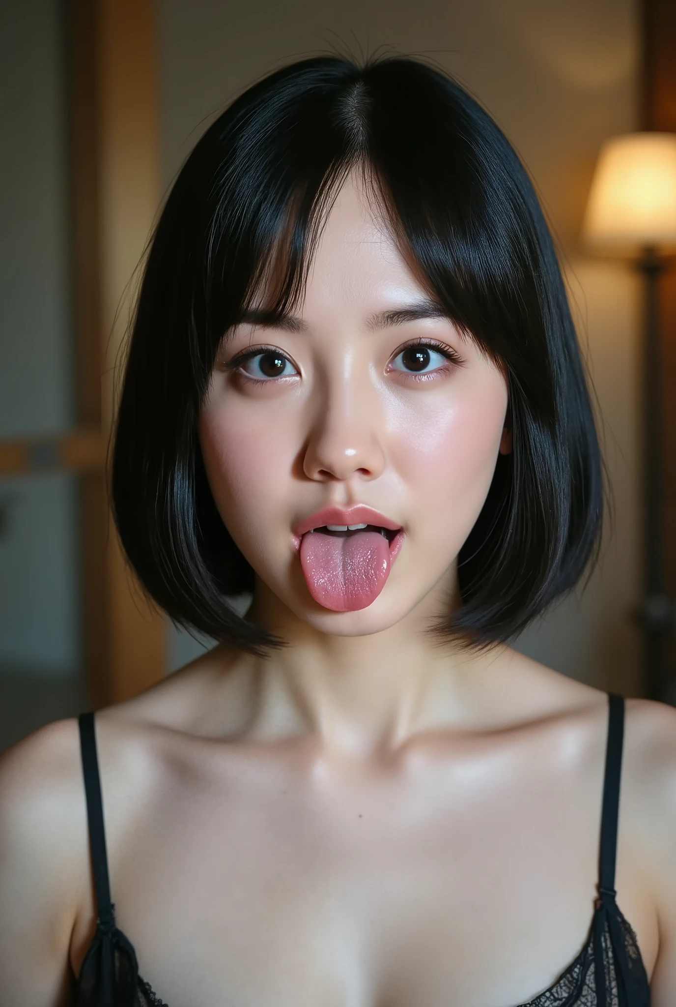 (( Best Quality )), ((masterpiece)), ( details), First-person perspective ,1 girl, sexy,( Bring Your Face Closer ),((I'm opening my mouth wide to show my tongue )),((underwear, short bob hair)), black hair , ((not wearing makeup))