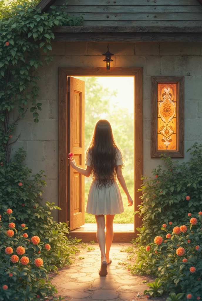 The girl is going in to her house