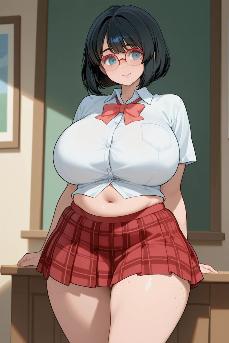 Shizune, 1girl, ((bimbo))), short black hair, glasses, puffy lips, painted lips, thick lips, wide hips, thick thighs, huge ass, bimbo face , enormous huge natural breasts, cleavage, school teacher, teacher, skirt, white panties, hanging breasts, pov helping with homework,