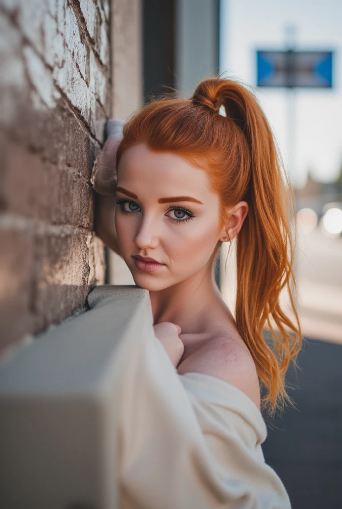 ((best quality)), ((artwork)), (detailed), perfect face Beautiful and sexy Russian woman with brown eyes, short bright orange hair tied in a half messy bun, 25 years old, slim waist, very detailed, innocent face, face length 1.2 times the width of the face, almond-shaped eyes, square face shape, high cheekbones, bright orange short wavy hair, brown eyes, high resolution, artwork, best quality, intricate details, very detailed, sharp focus, clear detailed skin, realistic skin texture, texture, detailed eyes, professional, 4k, charming smile , shot with Canon, depth of field, Kodak Vision Colors, Perfectly adjusted body, extremely detailed, ultra photo, photorealistic, realistic, post-processing, Maximum detail, roughness, Real life, ultrarealistic, photorealism, photography, 8K Ultra HD, photography . Now, imagine this woman in a casual look while enjoying a football atmosphere. She wears a relaxed black T-shirt from a favorite team, perhaps a little loose for a comfortable feel. Matching this, she wears shorts or jeans for a relaxed, sporty feel. The orange hair is still tied in a messy half bun, maintaining practicality and a casual style. As she smiles, enjoying the football atmosphere, the combination of her natural beauty and relaxed look creates a charming and authentic image.
