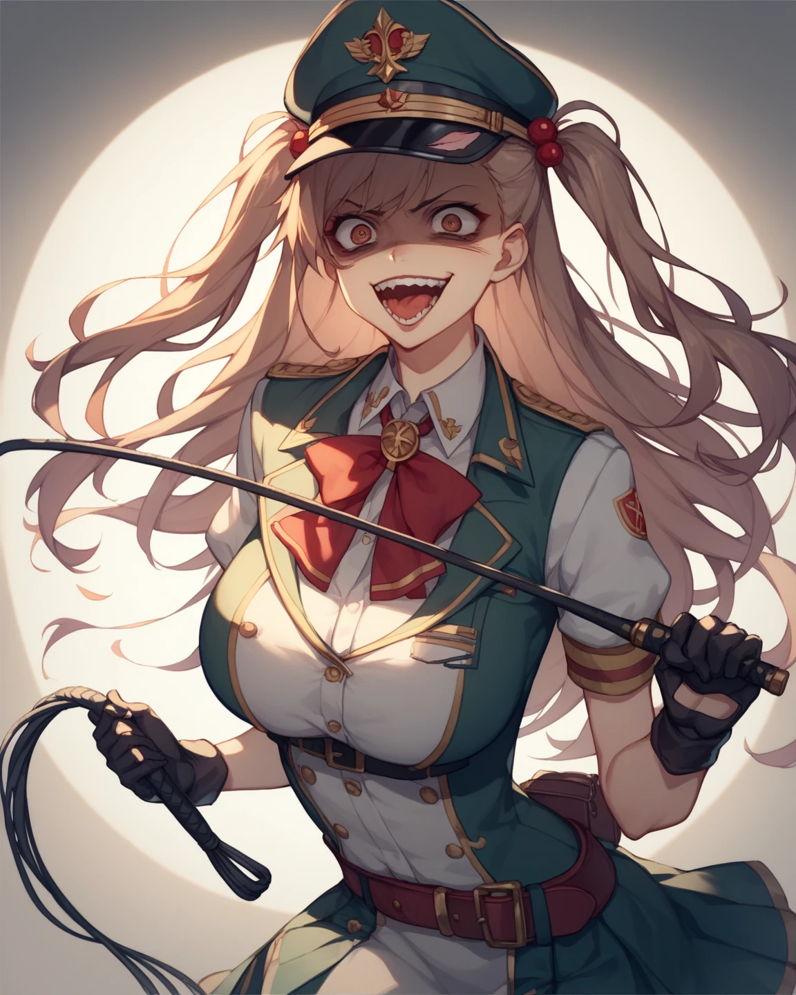 gs2 , long pink hair, yellow pupils, love in eyes, bow hairpins, blushing, cute, smug, smile, rolling eyes, white bow tie, black police outfit, police hat, long sleeves, miniskirt