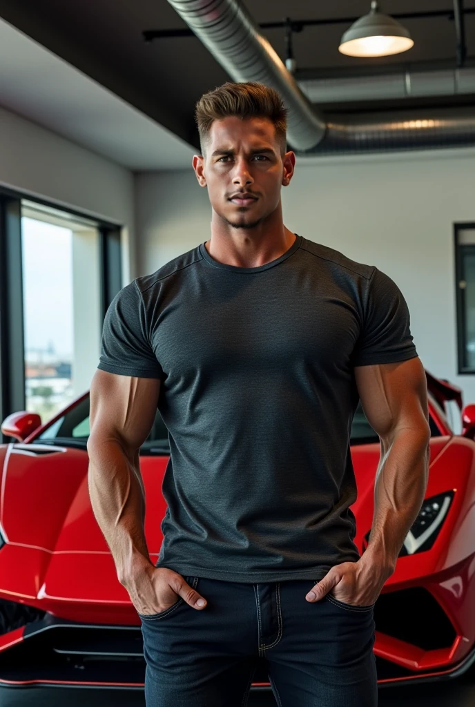 masterpiece, best quality, high resolution, male focus, Focus only on yourself, muscular,Swelling of chest muscles, Burly, hairy, male, Handsome man,blue eyes,rough real skin,Slim fit shorts,Big bulge,Outstanding J8,Mechanical, Mechanical's outfit,Many high-end sports cars,Standing next to the convertible, Long legs,Bright Light,large garage,Sweat, Perfect facial details,(Perfect hand details),amazing composition, Front view, HDR, Volumetric Lighting, Ultra-high quality, elegant, Very detailed