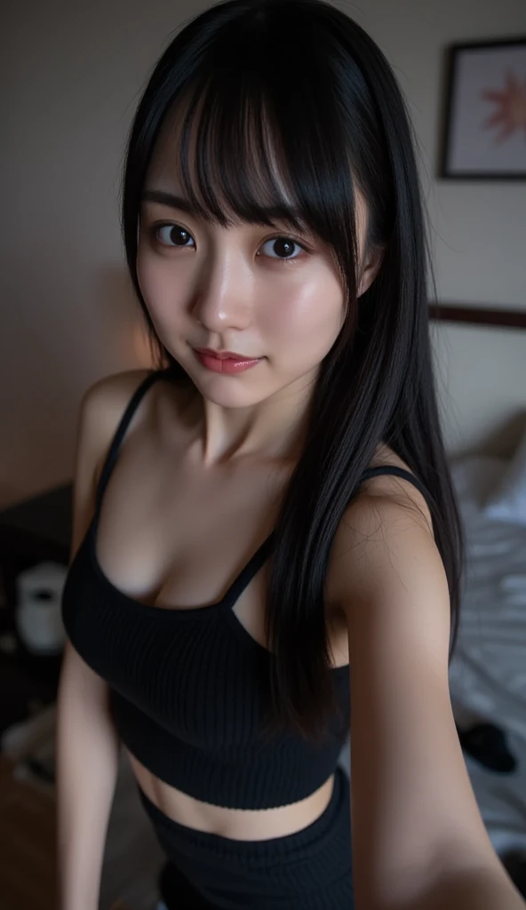 (8k, RAW Photo, Best Quality, Masterpiece:1.2), Ultra Detail, Super Resolution, (Realistic, Realistic Photo:1.37), Portrait, High Detail RAW Color Photo, Professional Photo, Extremely Detailed and Beautiful, Extremely detailed, 8k wallpaper, amazing and detailed, huge file size, official art, highly detailed CG unity 8k wallpaper, highly detailed beautiful girl, highly detailed face, highly detailed eyes, highly detailed skin, highly detailed fingers, highly detailed nose, very detailed detailed mouth , perfect anatomy, highly detailed background, highly detailed clothes, 1girl, (20:1.2), 20s, cute girl, realistic body, , fair skin, glowing skin , slim body, handsome body, black hair , short hair, (blunt bangs:1.2), smile, cute, youthful, cute face, realistic face, delicate eyes, drooping eyes, lingerie, see-through, earrings, looking at viewer, cowboy shot, facing front, standing posture, Contraposto, dynamic lighting, (small breasts:1.2), cowboy shot