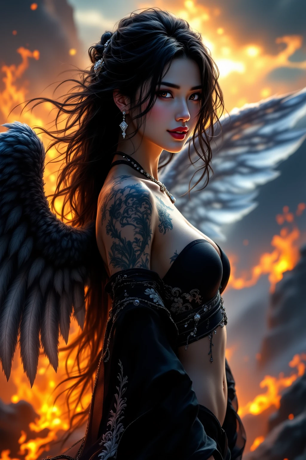 (((Masterpiece))), Best Quality, Hyper Detailed Gouache Style Painting Portrait of a Group of Enchanting Female Demons, Glowing Red/Yellow Eyes, Smooth Shadows, Hyper Realistic Textures, 8K, Best Quality, Realistic Cartoony Features, Stylized Illustration, Smooth Shadows, Correct Anatomy, Chromatic Aberration, Neon Highlights, Global Warm Lights, Dynamic Poses, Expressive Facial Expressions. This artwork, a testament to the artist's mastery, showcases a captivating ensemble of female demons. Their eyes glow with an otherworldly rad