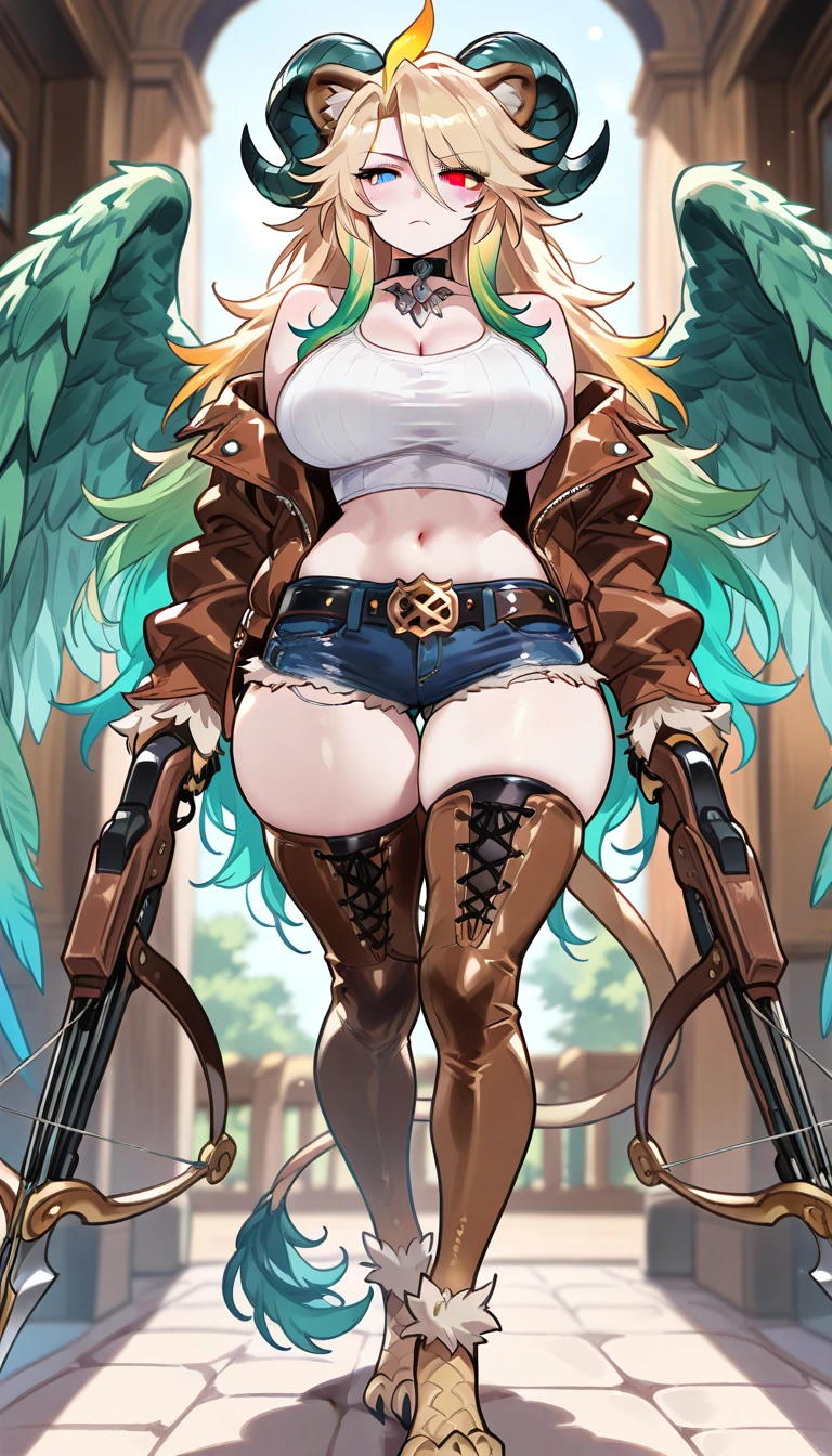 masterpiece, anime screencap, 1 girl, solo, police cosplay, seen from below, evil smile, teeth, brown hair, long hair, green eyes, (((police shirt))) thighhighs, ((black leather boots)), elbow gloves, ((black cap)), black wings, dominatrix, indoors, cowboy shot, full body, <lora:Nyx:0.7>