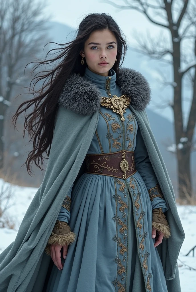 Young woman with black hair and ice blue eyes wearing medieval dresses ...