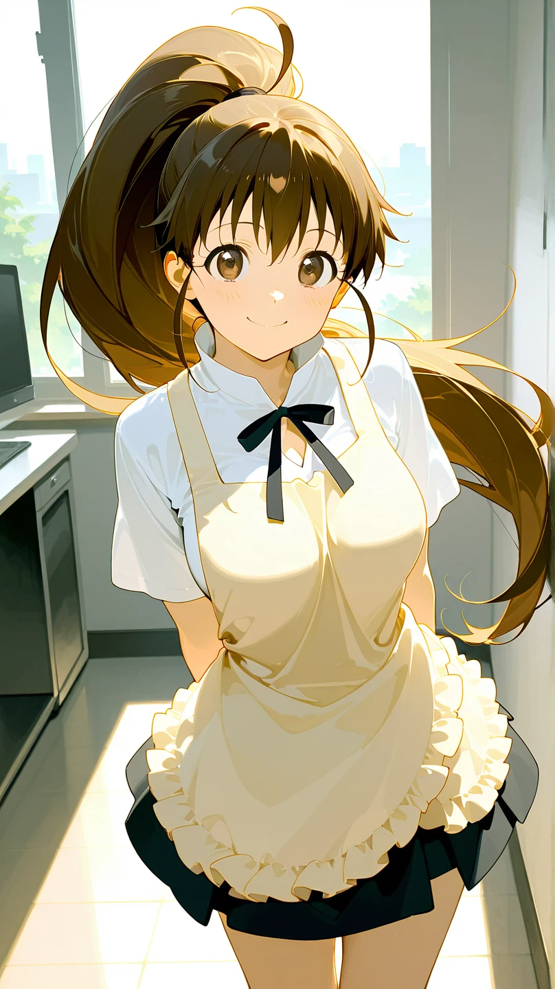 masterpiece,Highest quality,Yuki mandarin orange,smile,Maid,Cowboy Shot,,Brown long hair,Yellow Eyes,alone,Open your mouth,View your viewers,Put your arms behind your back,Are pregnant、White legwear, zettai ryouiki,
