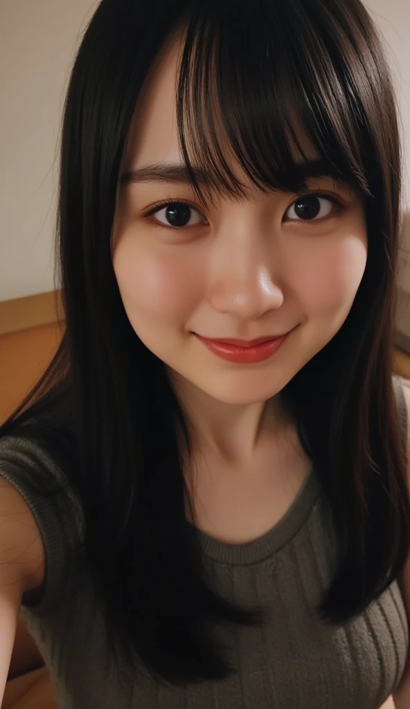 (8K, RAW Photos, Highest quality, High resolution: 1.1), (ultra Realistic: 1.4), (Realistic, Realistic: 1.3), The Beauty of Japan, pajamas, ((Upper Body: 1.3)) High resolution, Realistic image of a Japanese woman with short hair, She has big breasts and red cheeks, Look at that, smile She looks at it, smile, While taking a selfie. Her smartphone is close to her face. She appears to be live streaming from her home., Spread on the bed, With a blanket over my chest.
