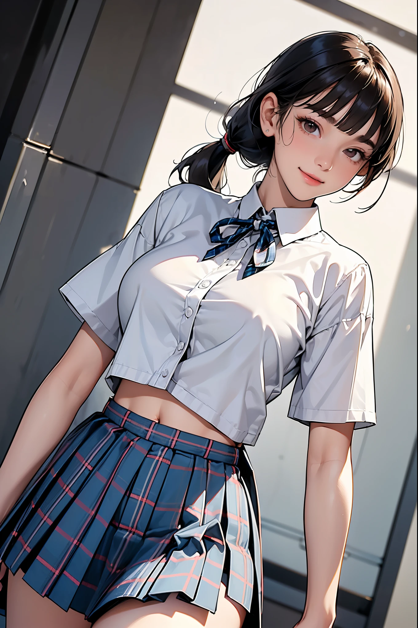 ((Female Class Student )), ((best quality)), clear , Photo style, ((Shorten your head, Reduce the volume of your hair, Long Eyes, Hazel Eyes, round face, Thin eyebrows, big breasts outdoors at night, Thin torso , Strong thighs, Big Hips, white skin)), ((Japanese female idol wearing dark brown short ponytail , blunt bangs)), 18 year old beautiful woman , (Front view, low angle), (turn your gaze here), (neck ribbon, Tartan Check Pleated Skirt, thin white shirt with short sleeves), the bra can be seen through the fabric of the shirt, Panchira, exposed thighs, soft sunshine, has a smiling face, concrete classroom