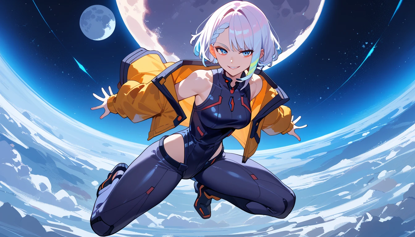 high quality, 1 girl, solo, masterpiece, best quality, highres, lu1, cyborg, multicolored hair, makeup, bare shoulders, black leotard, highleg leotard, (thong:1.1), white jacket, open jacket, belt, shorts, cowboy shot, planet, moon, earth (planet), slight smile, sitting, neon city background, bent leg, smoked, view from side, looking at the viewer
