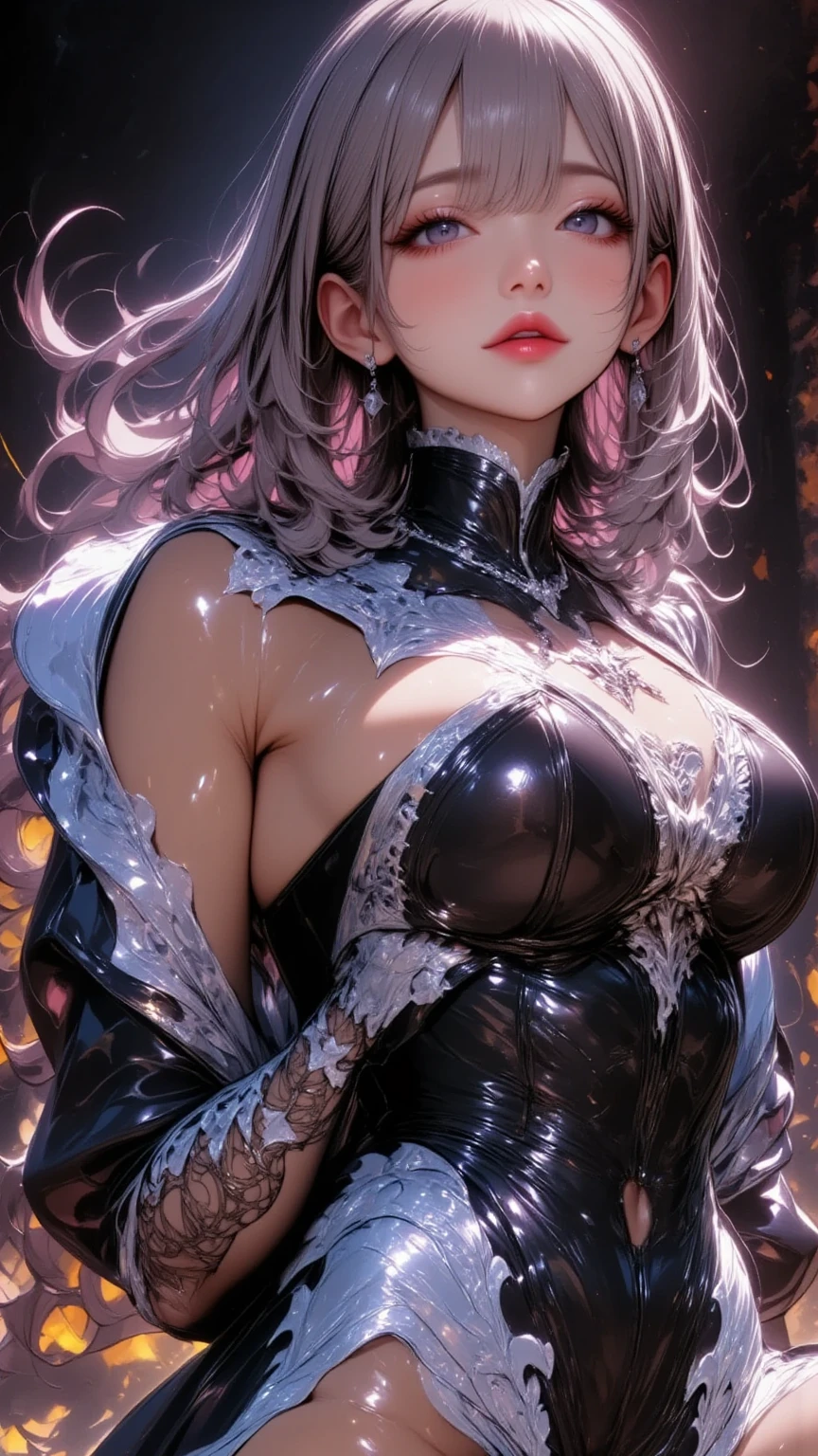 ((((masterpiece, best quality, high resolution)))), Extremely detailed 8K, Beautiful lady with slender body, (Ultra HD, Ultra-detailed, Highly detailed, Highly realistic, Ultra-realistic, photograph realistic), (1girl:1.5),((Realistic shoulder-length silver hair), (dynamic poses), facing side, light smile, parted lips, purple eyes, (medium breasts: 1.2), cleavage, (beautiful detailed face, beautiful detailed eyes), wearing a.blue corset,fantasy forest scenery, colourful, night light, night time,Very detailed illustration of an a beautiful Extremely cute dark elves race face with ((coy smile)), asymmetrical bangs, insanely detailed face and eyes, Perfect lips, ((perfect body)), ((medium breast)),