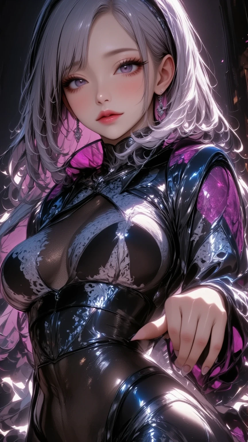 "(best qualityer, 8k, 32 mil, work of art, Toxic Liquid Style:1.3), ultra detali, (photorrealistic:1.4), Pink and white colors, perfect color scheme, albino, The most beautiful and sexy goth punk rock girl, detailed eyes in the moonlight, trunk, Luxurious Punk Mohawk Hair, Gothic punk rock fashion inspired by Harajuku, super huge enormously gigantic , cleavage showing, Avant-garde gothic makeup, numerous piercings, Heavily tattooed body, street graffiti background, Backlight Effect, Shallow depth of field, cherry blossoms and butterflies blowing in the wind