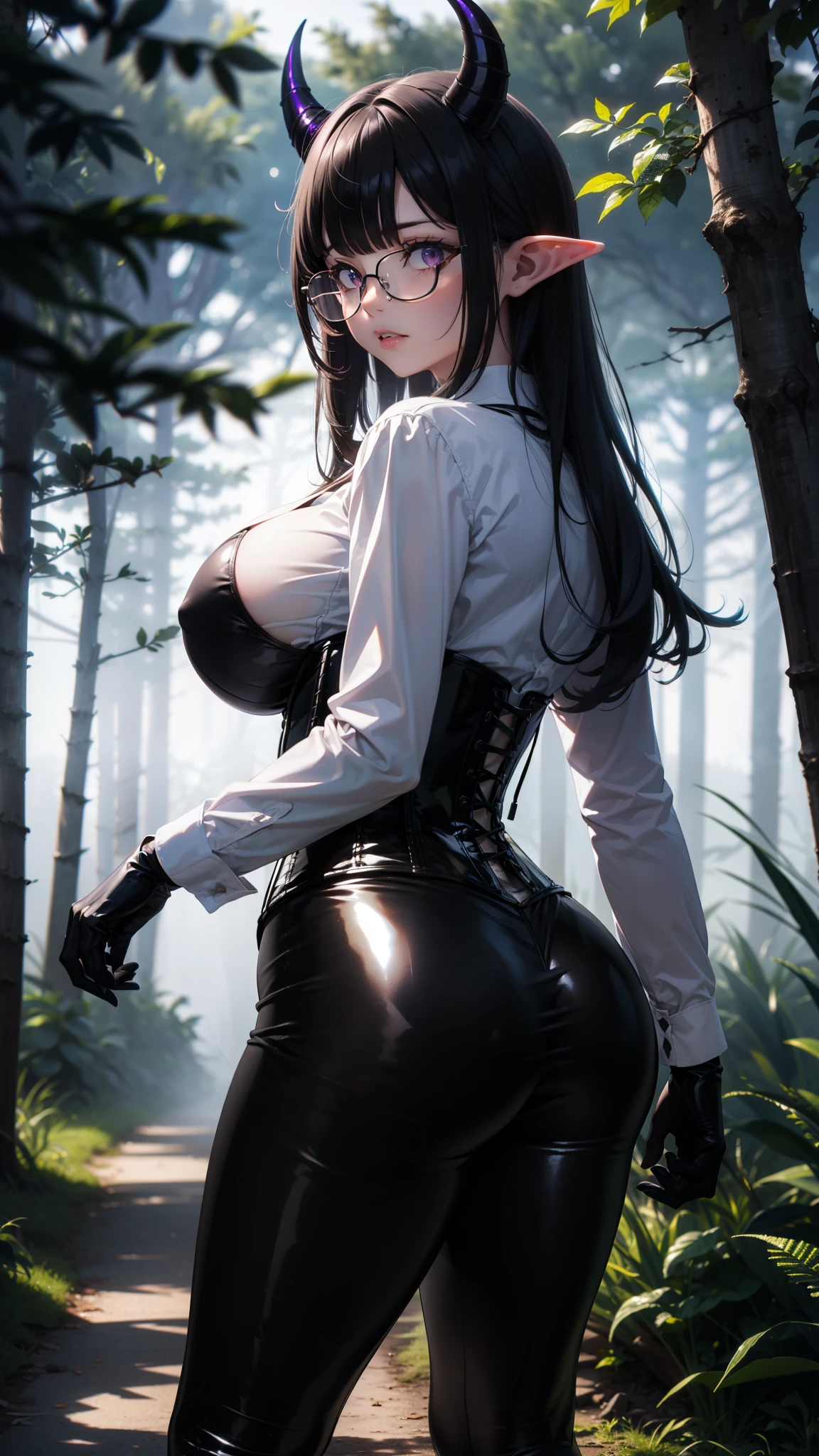 Masterpiece, Beautiful art, professional artist, 8k, art style by sciamano240, Very detailed face, Detailed clothing, detailed fabric, 1 girl, view from behind, big ass, perfectly drawn body, fighting pose, beautiful face, big breasts, long hair, blue eyes, very detailed eyes, pink cheeks, shy expression, glasses, choker:1.6, (long sleeve white collar buttoned shirt), black gloves, gloves covering hands, (holding an AK-47), (black leather corset), (shiny black leggings), sensual lips , evening de invierno, show details in the eyes, view from front, looking at the viewer, dark path, dark forest, evening, Atmosphere, fog