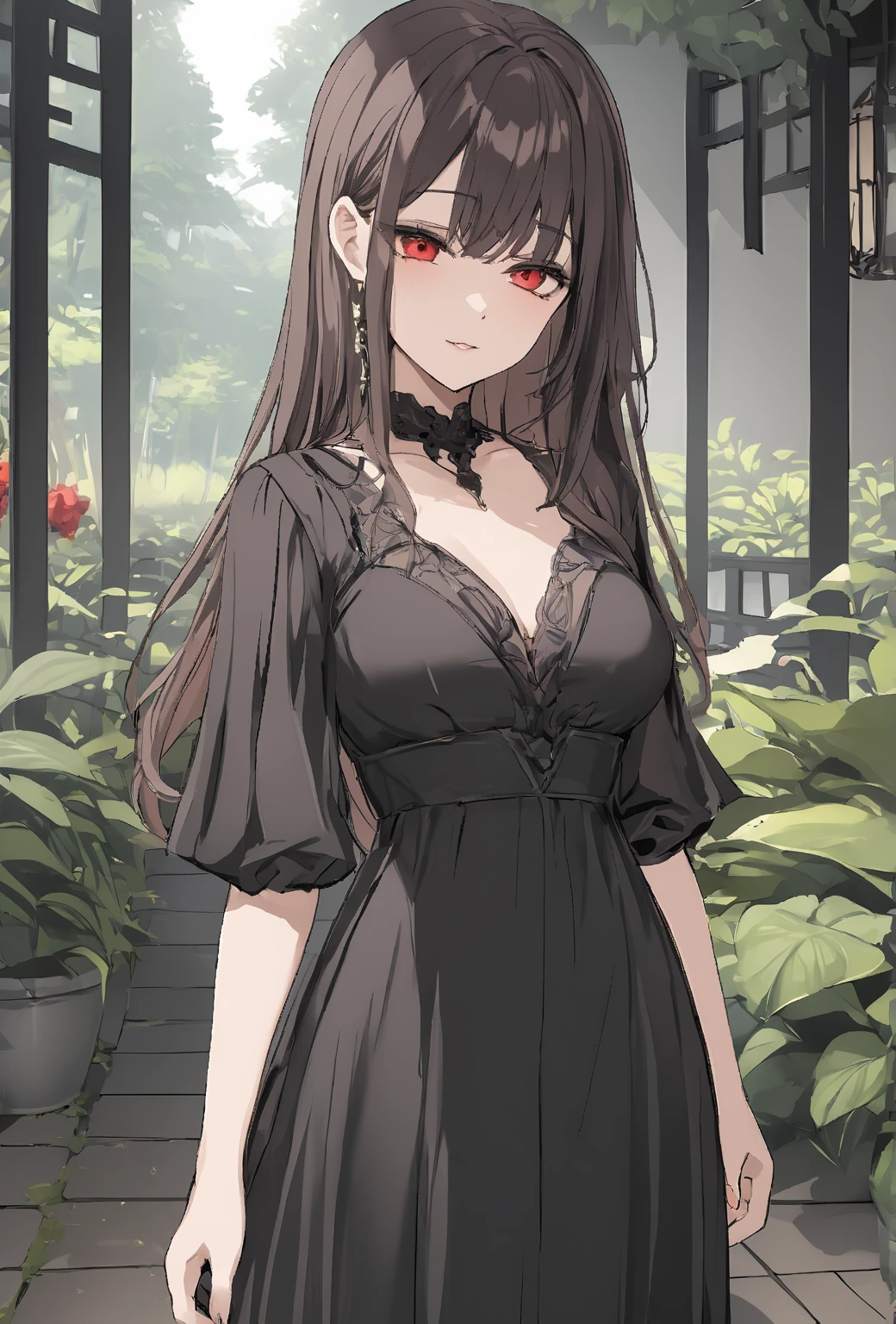 Best Quality,masterpiece,high resolution, Wakaba Mutsumi,Front view up, garden, Best Quality, masterpiece,high resolution, very beautiful,absard dress, high resolution, EdggeSugao ,sadistic smile歯,Pleasure,The , detailed art of a girl's eyes in a dark environment, Focus on your eyes, shrunken eyes , wide-open eyes,Pleasure, red cheeks ,Trance
