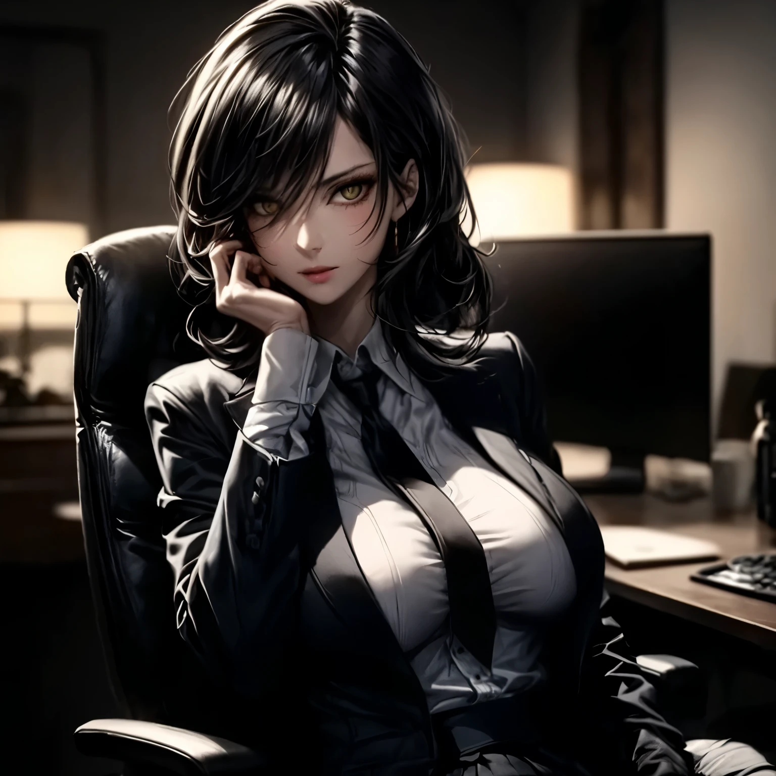 ((best quality)), ((Masterpiece)), ((Enrich the picture,Masterpiece level quality)), black hair, high ponytail, very big breasts, golden eyes, fierce woman, ultra eyes details, mafia boss, best quality, RAW 4K, Realistically, ( cinematic lighting, moody, textile shading), perfect proportions, ultra detailed, volumetric lighting, soft lighting, glossy skin, beautiful face, Special face details, strong emotions, elegant gesture, Detailed facial features, Long eyelashes, contrast, Incredible atmosphere, Fascinating setting, Haunting beauty , sexy white shirt , mafia suit , necktie , mini black skirt , office, sit on a chair , like a boss, Holding hands,