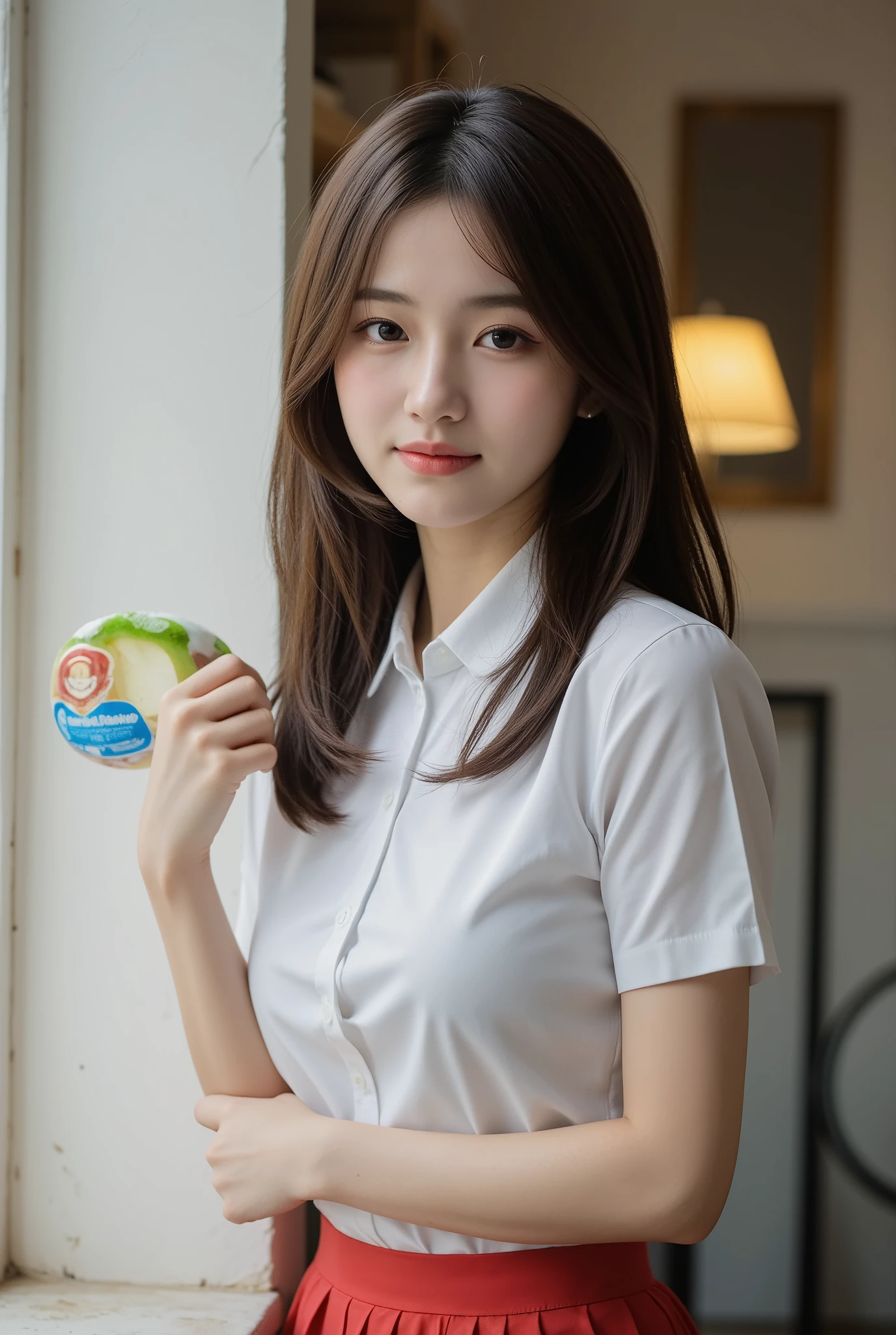 25 years old, Japanese woman, beautiful, smiling, eating lunch, white shirt