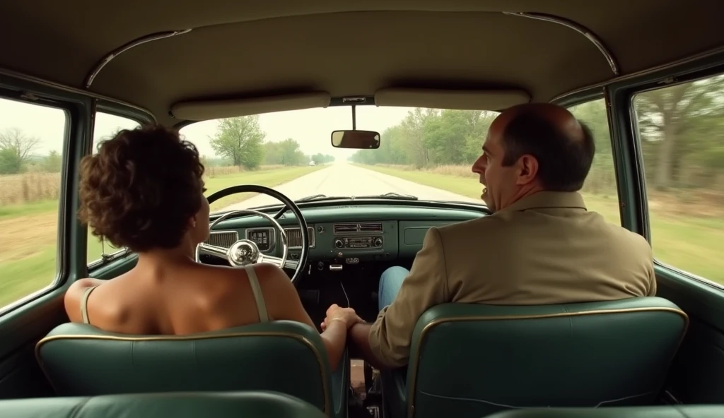 The man in his 45s with black very short hair and smooth face with moustache. The woman in her 45s with brown wavy long hair. They are naked. In the backseat of the luxury car. The woman is lying on her back on the backseat and spreadin her legs. The man is lying on top of the woman. They are having sex. Orgasm. Night. Dim and dark environment. UHD. HDR. Cinematic.