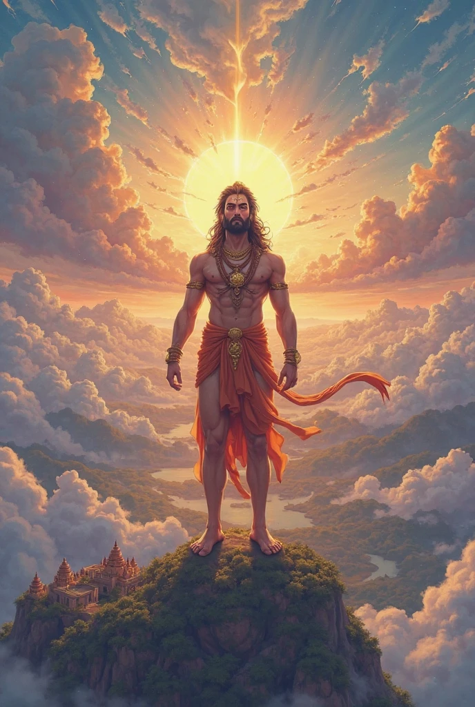 "Represent Lord Hanuman ji in a grand and divine form. Show them standing on top of a mountain with an empire of clouds around them. Hanuman ji's body color is bright orange, and he has a mace in his hands. May their eyes shine with devotion and courage. They have golden ornaments and garlands of flowers on their bodies. Look for a golden sun rising in the background behind, adding to their glory even more."