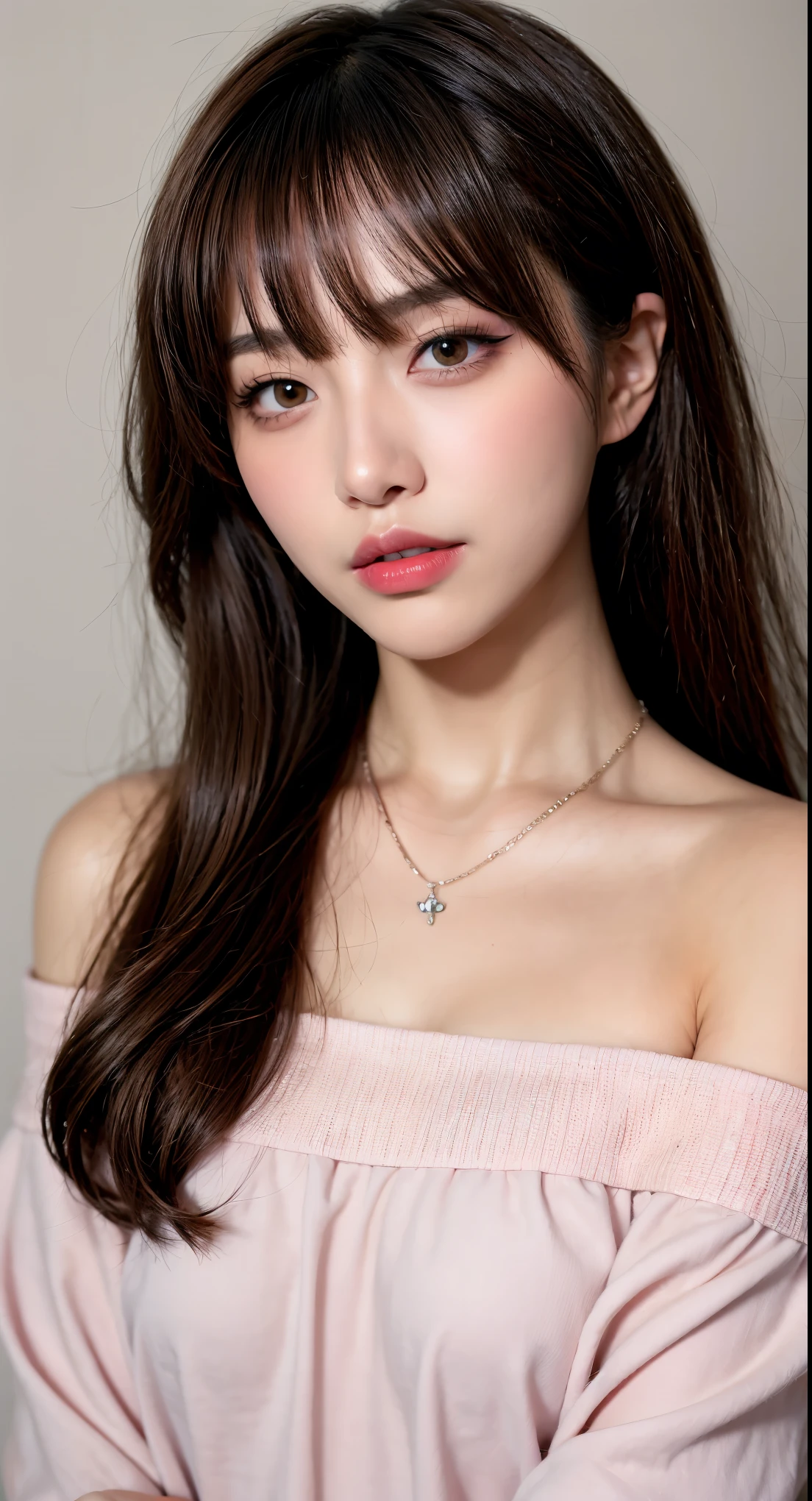 Canon RF85mmf/1.2,obra de arte,melhor qualidade,ultra-high resolution,vc,1 garota,(misto coreano,KPOP Idol:1.2),Sozinho,branco_brilhante_primeiro,olhos pretos,colar,((marrom_longo_ondulado_cabelo)),((rosa_brilhante_lips)),Eyelash,faixa,fazer,inventar,brilhante,Poro,primeiro texture,pulseira,fora do ombro,transparente,Seios Grandes