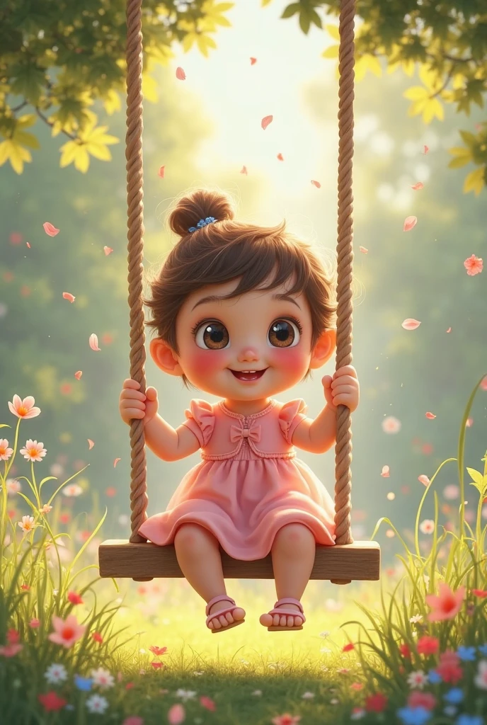 Cute Pakistani girl child wearing clothes in green and white sitting on a swing
