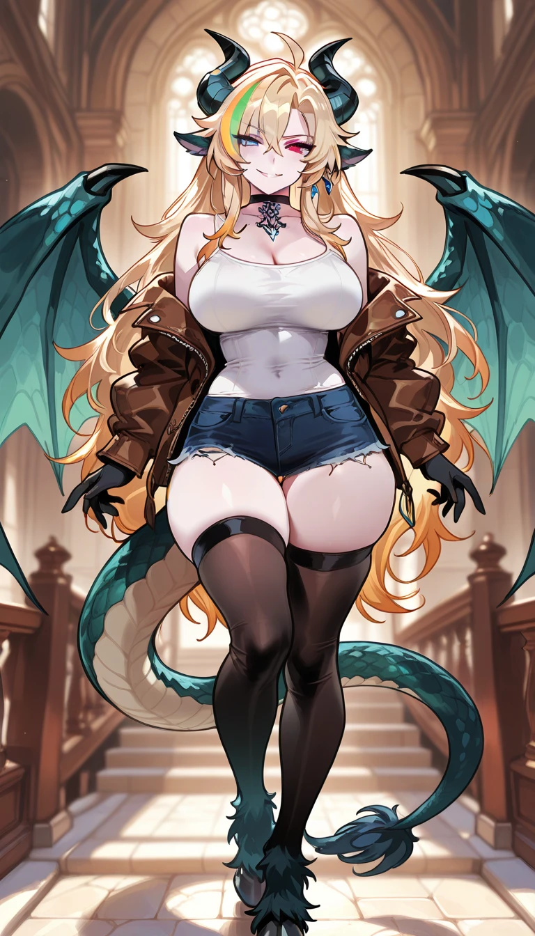 best quality,4k,8k,highres,masterpiece:1.2),ultra-detailed, extremely detailed eyes, extremely detailed body, (large masterpiece digital art), (detailed manga illustration), (detailed line art), ((perfect anatomy)), (intricate details:1.3), (ultra-detailed:1.3), (illustration:1.3), (sharp focus:1.3), (natural lighting:1.05), (vivid colors:1.3), (masterpiece), (best quality:1.4), (perfect anatomy:1.4), high quality, expressive eyes, full body, detailed face, beautiful face, perfect face, 1 girl, tall girl, ((blonde hair)), (raven hair), multicolored hair, two-toned hair, {{pale skin}}, ({pale skinned female}), chimera, large breasts, thick thighs, very long hair, bare shoulders, denim, (short shorts), dynamic pose, silver jewelry, choker, animal ears, (lion ears), (((snake head tail))), (tail), ((streaked hair)), thigh-highs, horns, dragon horns, ((animal ears)), skindentation, curvy, monster girl, heterochromia, hooves, wings, dragon wings, claws, thigh gap, white shirt, brown leather jacket, dynamic lighting, cinematic lighting, smiling, ((fantasy town background)), curvy, Atey Ghailan, Jeremy Mann, Greg Manchess, Antonio Moro, trend in ArtStation, trend in CGSociety, Intricate, High Detail, Sharp focus, dramatic and photorealistic painting art by Midjourney and Greg Rutkowski, Jeff Bridges, ((cartoon style)), Marvel Cinematic Universe style