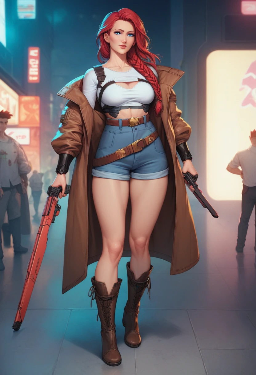 tiktok girl, (from_above:1.3) (walking:1.2) redhead , baseball cap , in steampunk , brown policewoman, police officer , on space station , jewelry, (full_body:1.4), (realistic:1.4), masterpiece, high quality, realistic lighting, center of frame, 8k, hdr, (freckles:0.95) ,